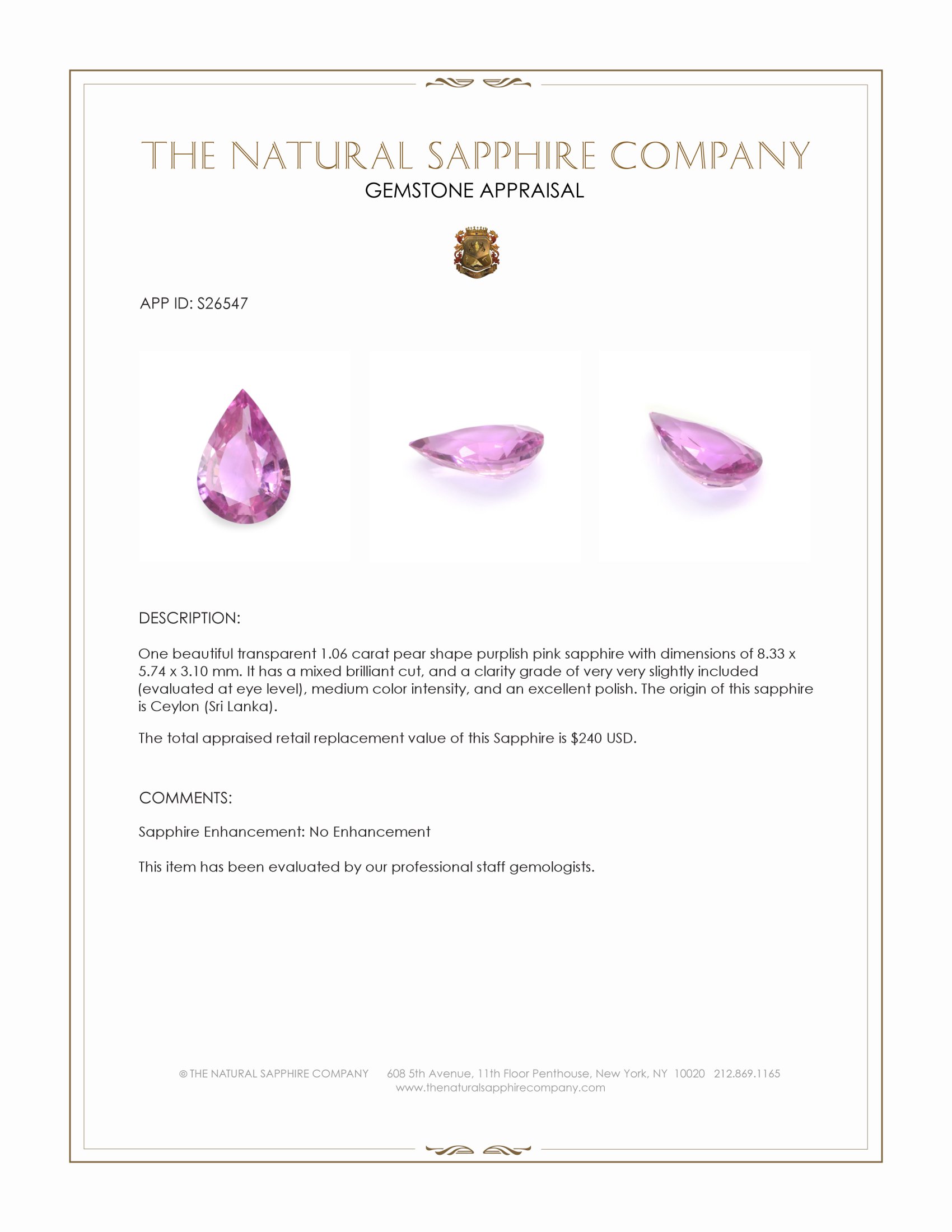 1.06 Ct. Purplish Pink Sapphire from Ceylon (Sri Lanka)