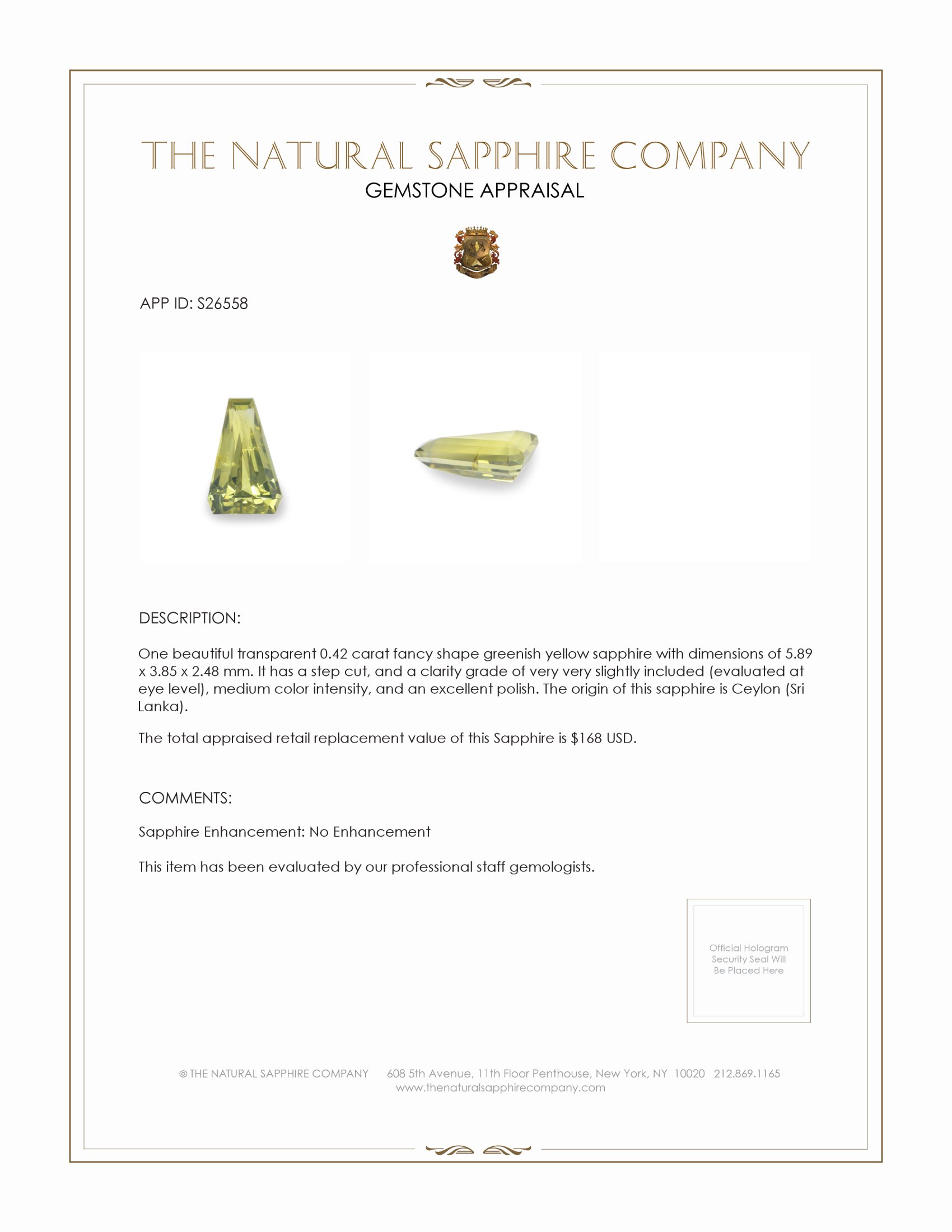 0.42 Ct. Greenish Yellow Sapphire from Ceylon (Sri Lanka)