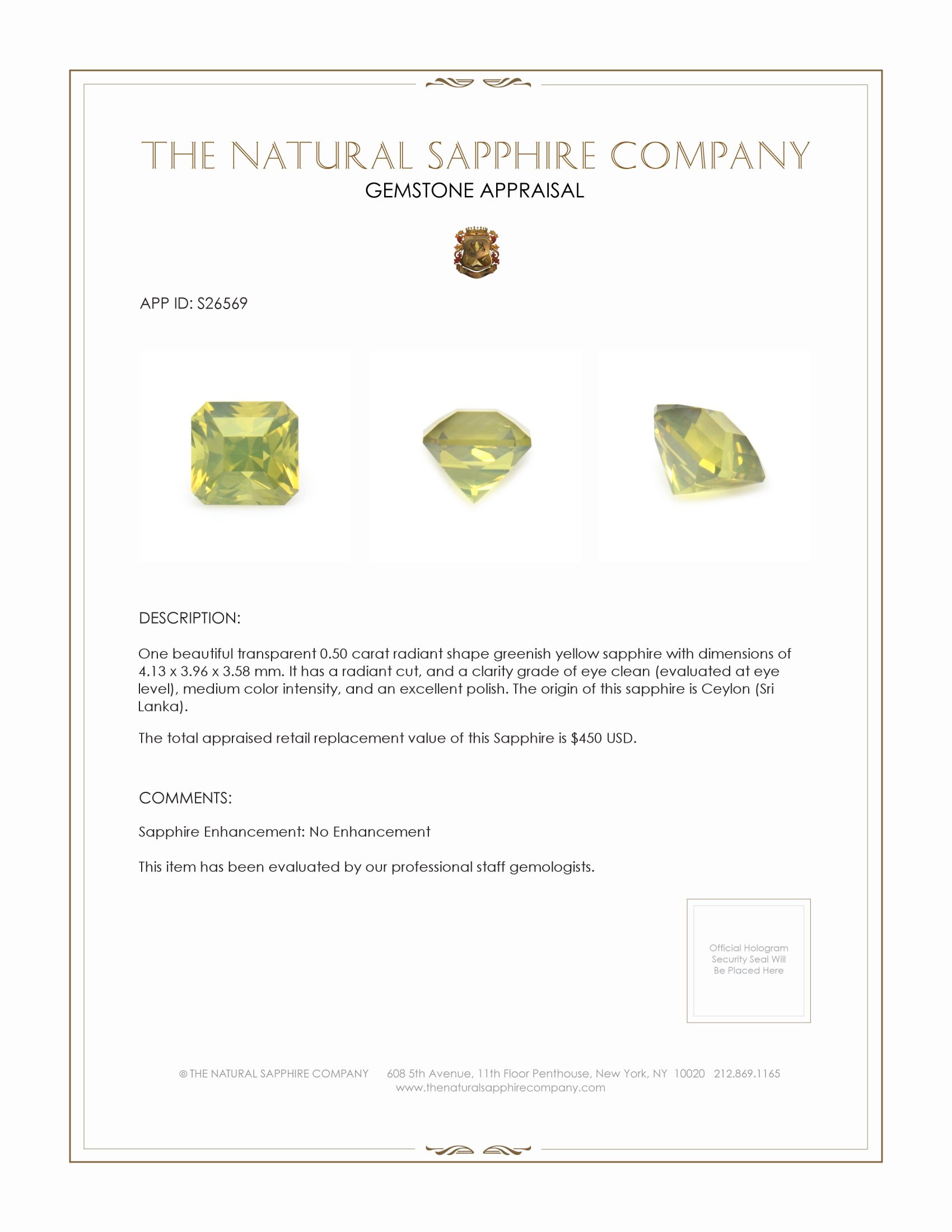 0.50 Ct. Greenish Yellow Sapphire from Ceylon (Sri Lanka)