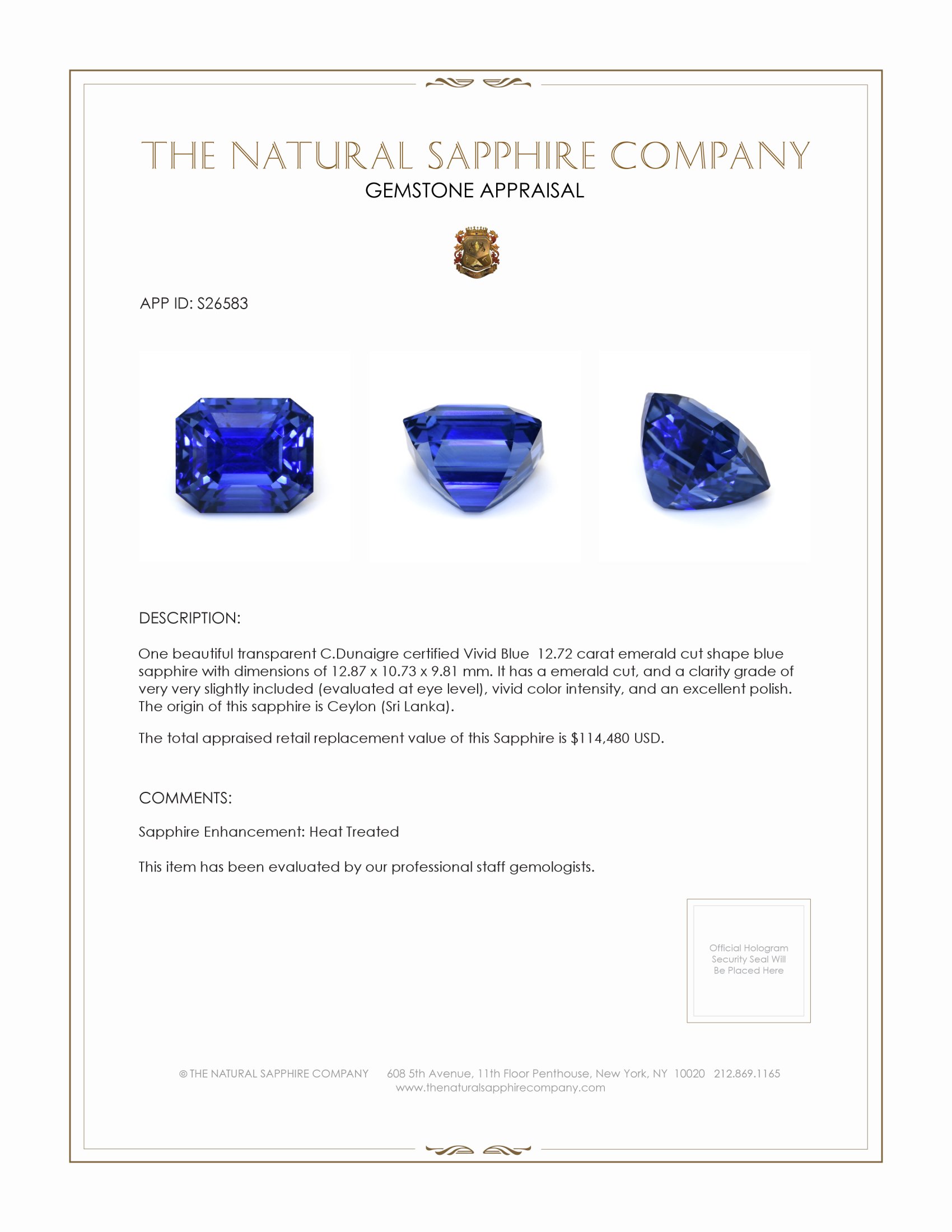 12.72 Ct. Blue Sapphire from Ceylon (Sri Lanka)