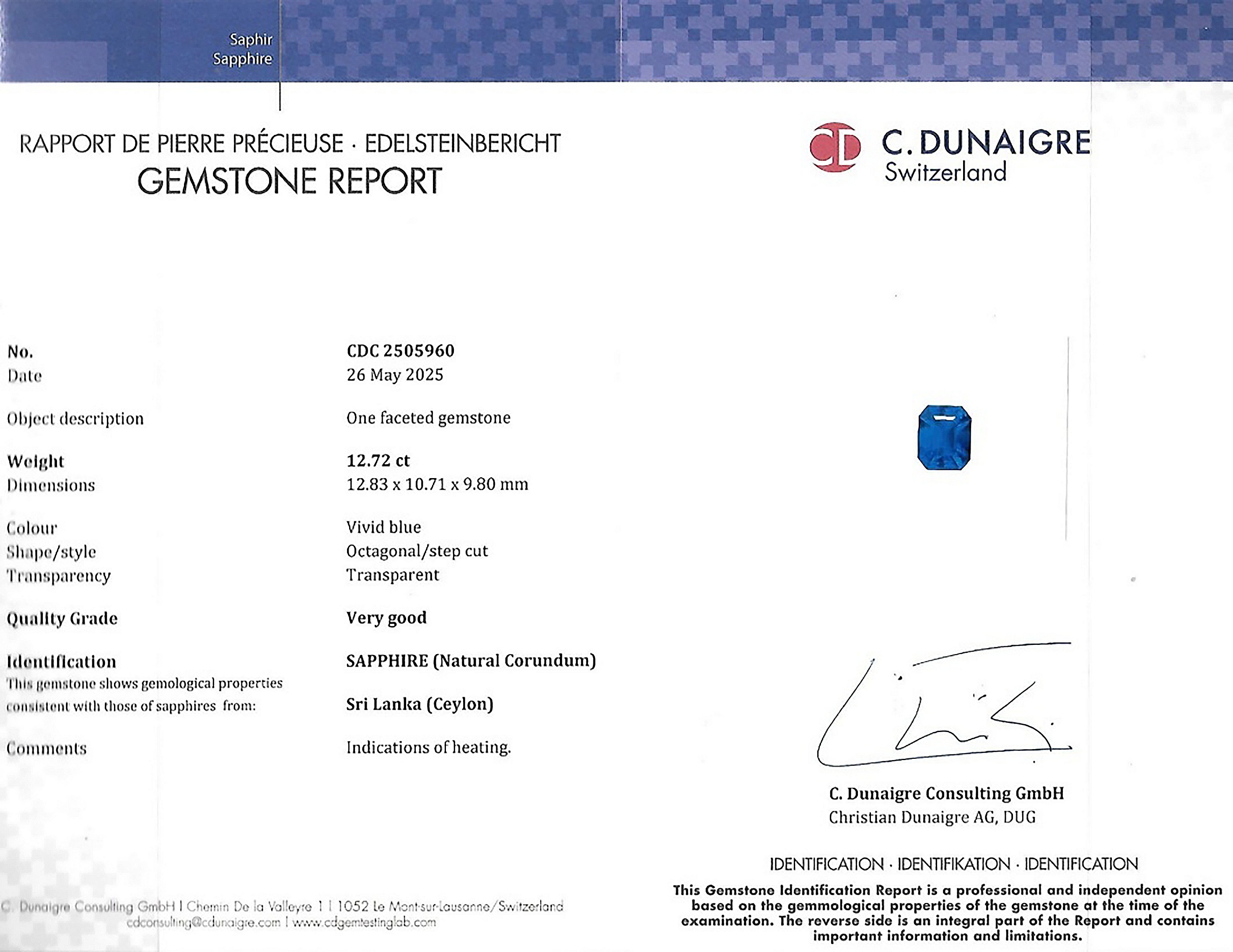 12.72 Ct. Blue Sapphire from Ceylon (Sri Lanka)