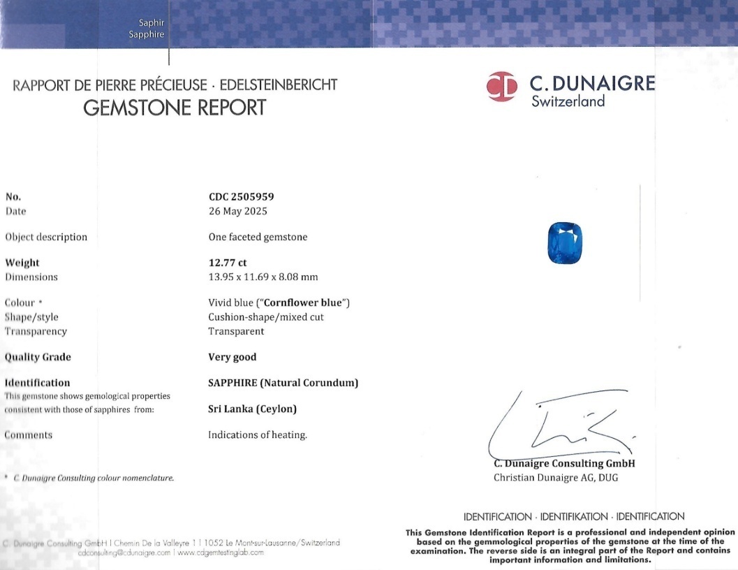 12.77 Ct. Blue Sapphire from Ceylon (Sri Lanka)