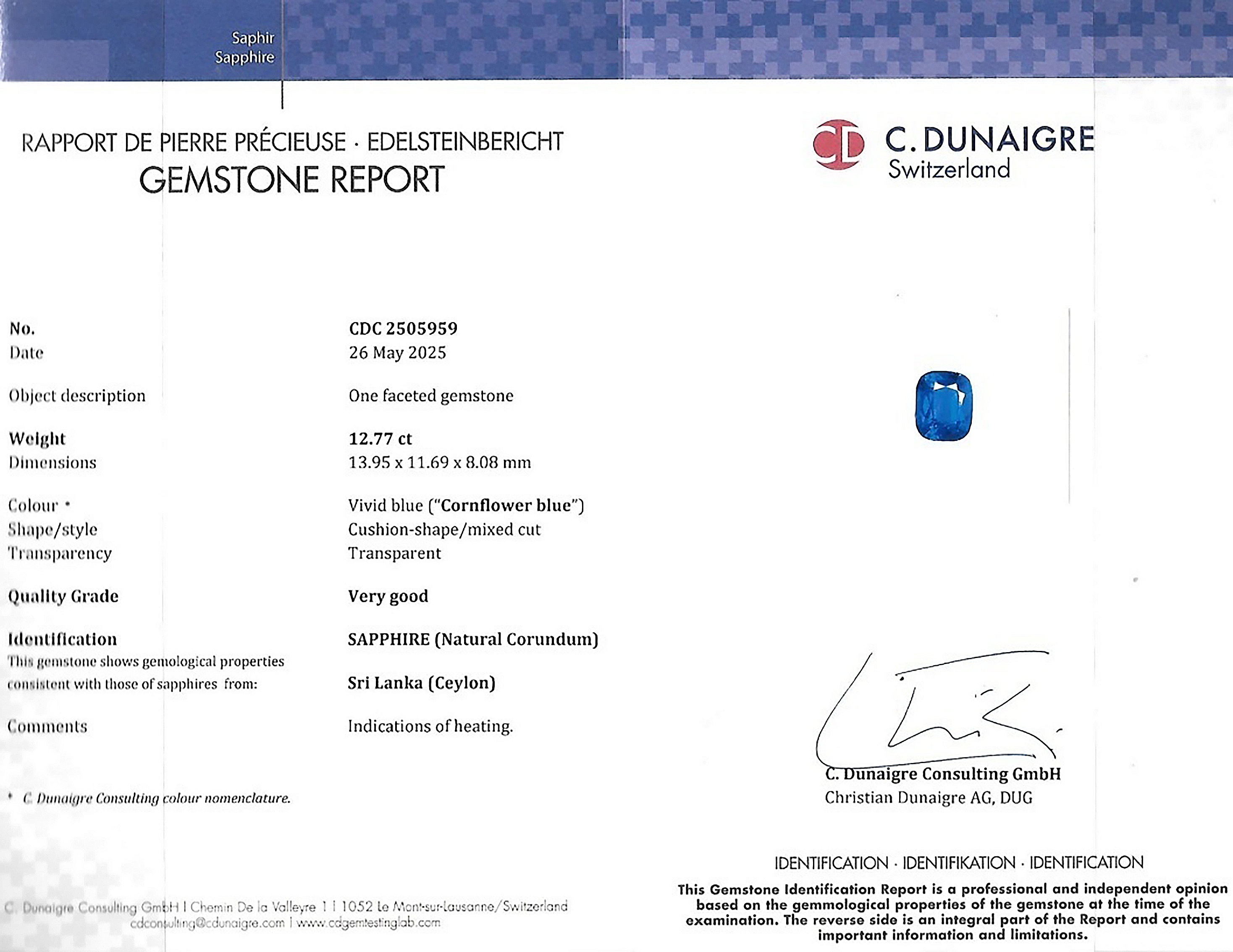 12.77 Ct. Blue Sapphire from Ceylon (Sri Lanka)