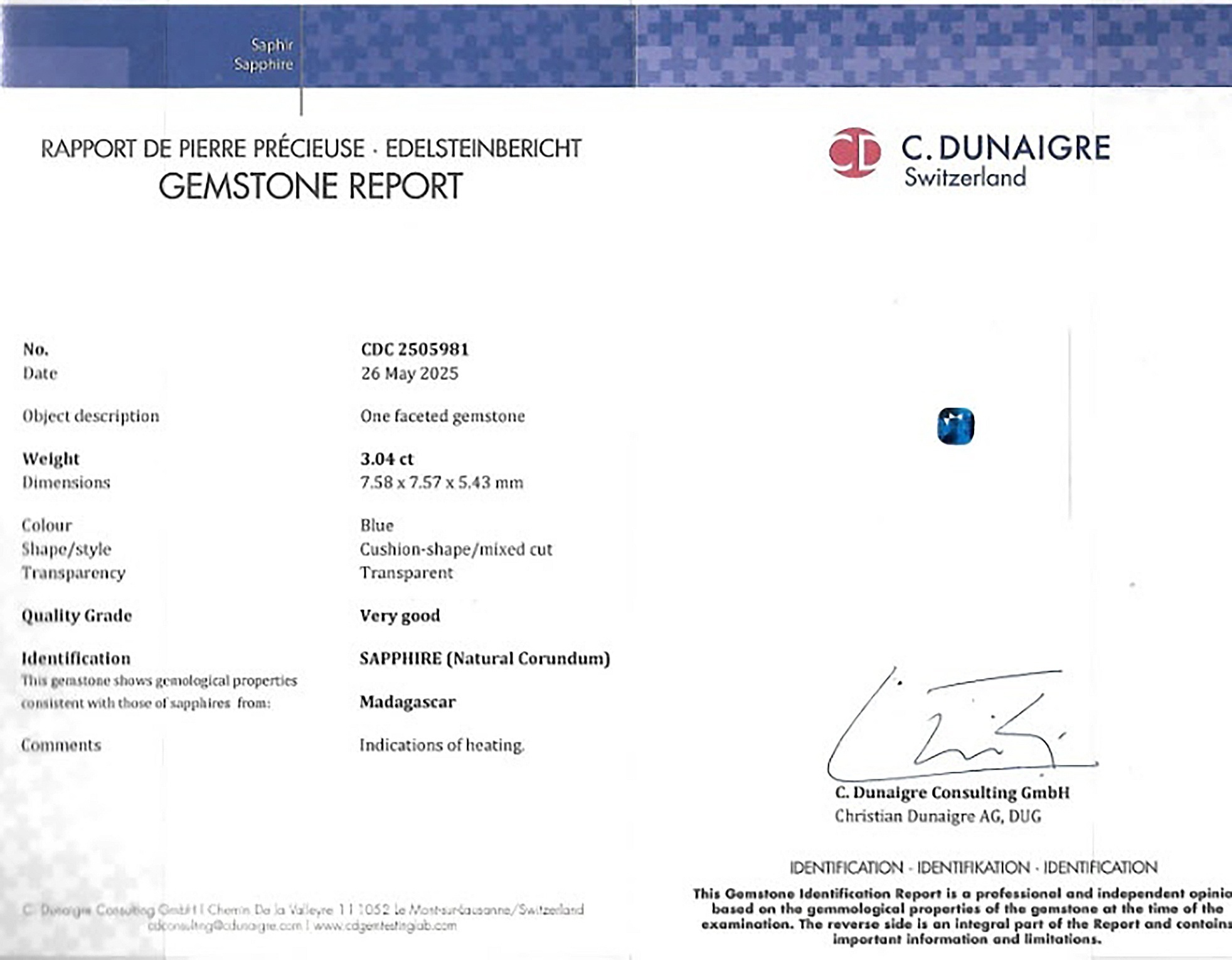 3.04 Ct. Blue Sapphire from Madagascar