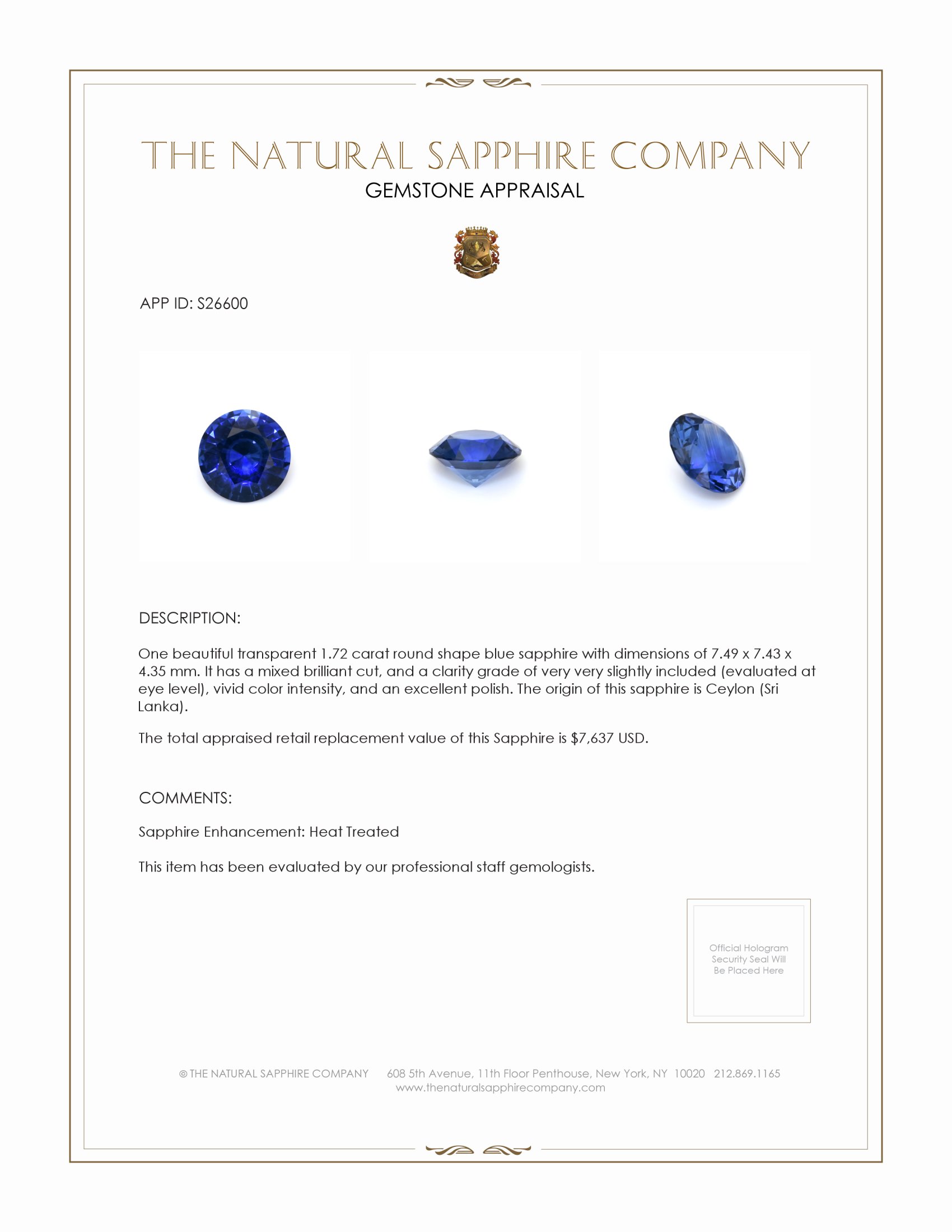 1.72 Ct. Blue Sapphire from Ceylon (Sri Lanka)