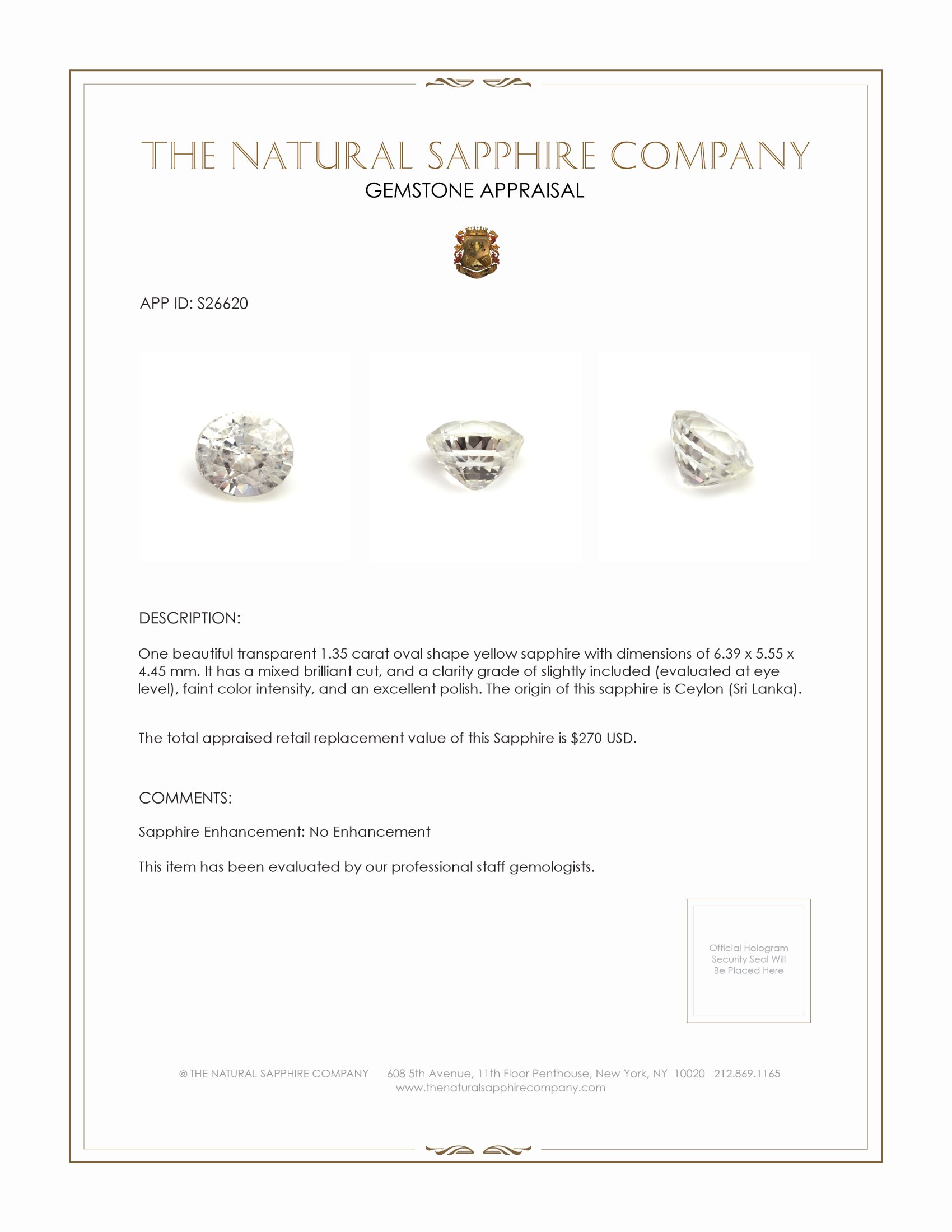 1.35 Ct. Yellow Sapphire from Ceylon (Sri Lanka)