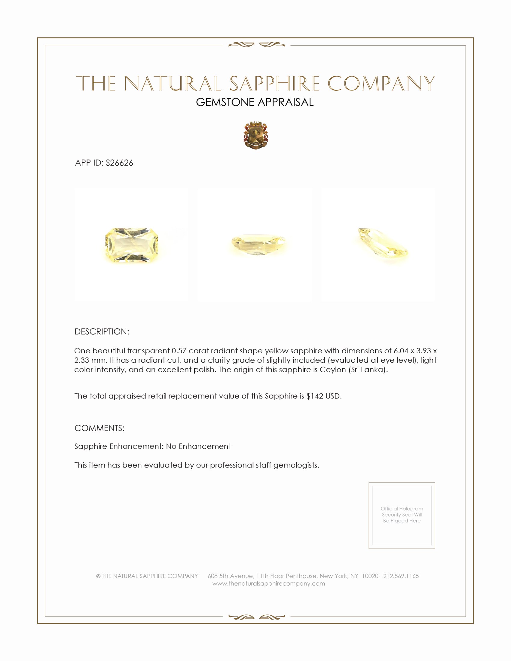 0.57 Ct. Yellow Sapphire from Ceylon (Sri Lanka)