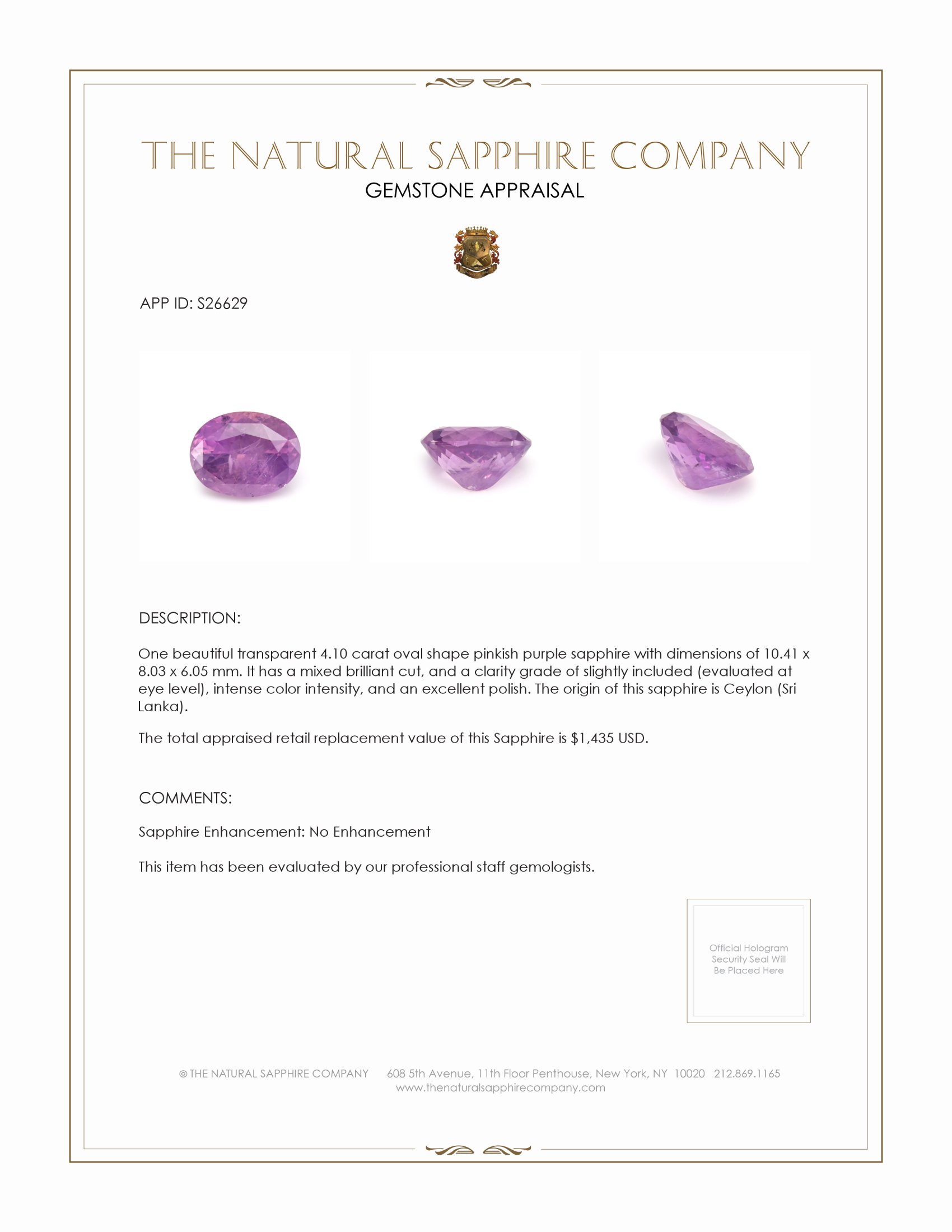 3.82 Ct. Pinkish Purple Sapphire from Ceylon (Sri Lanka)