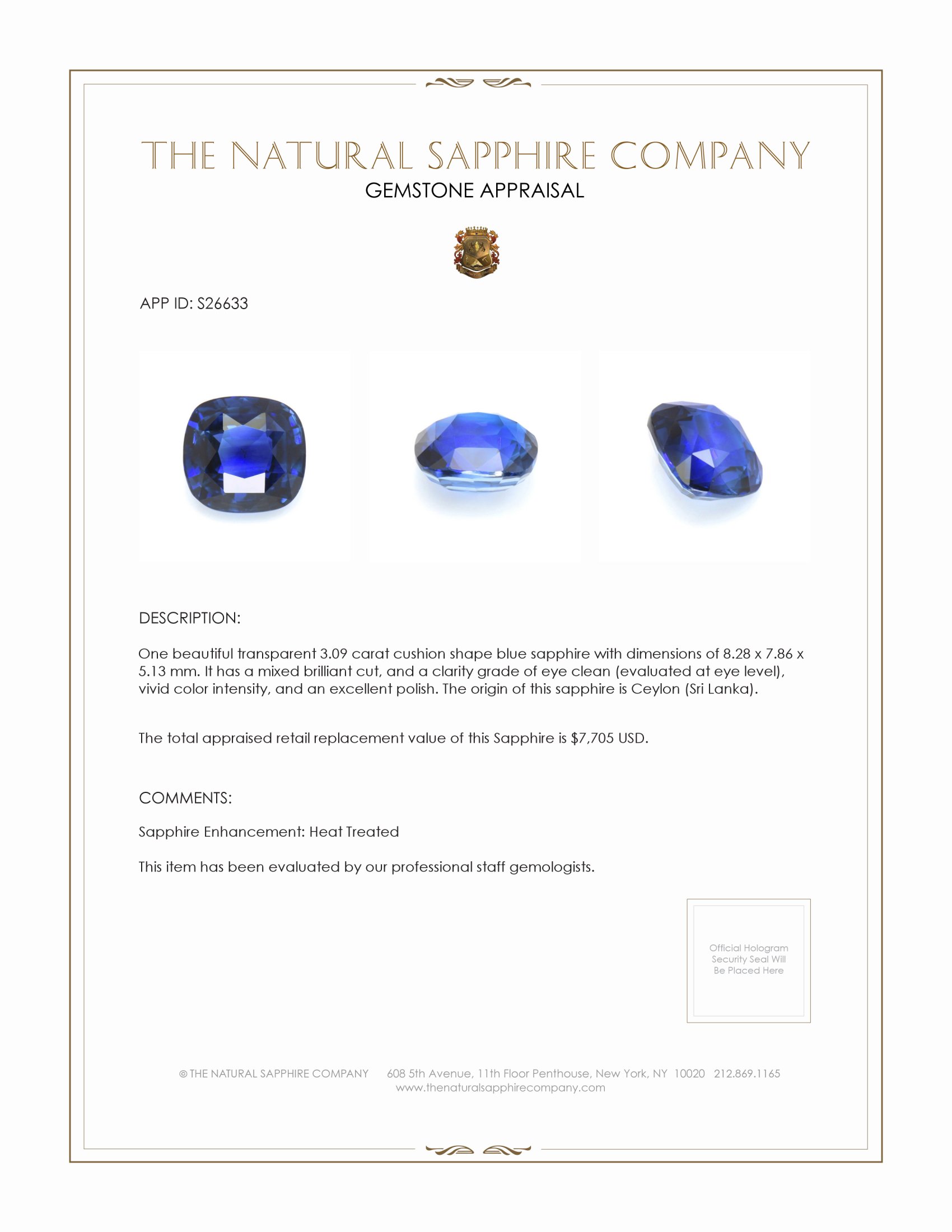 3.09 Ct. Blue Sapphire from Ceylon (Sri Lanka)