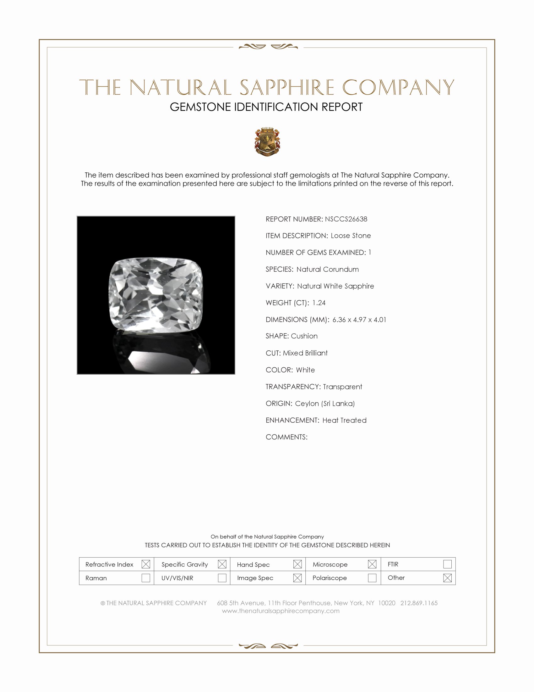1.24 Ct. White Sapphire from Ceylon (Sri Lanka)