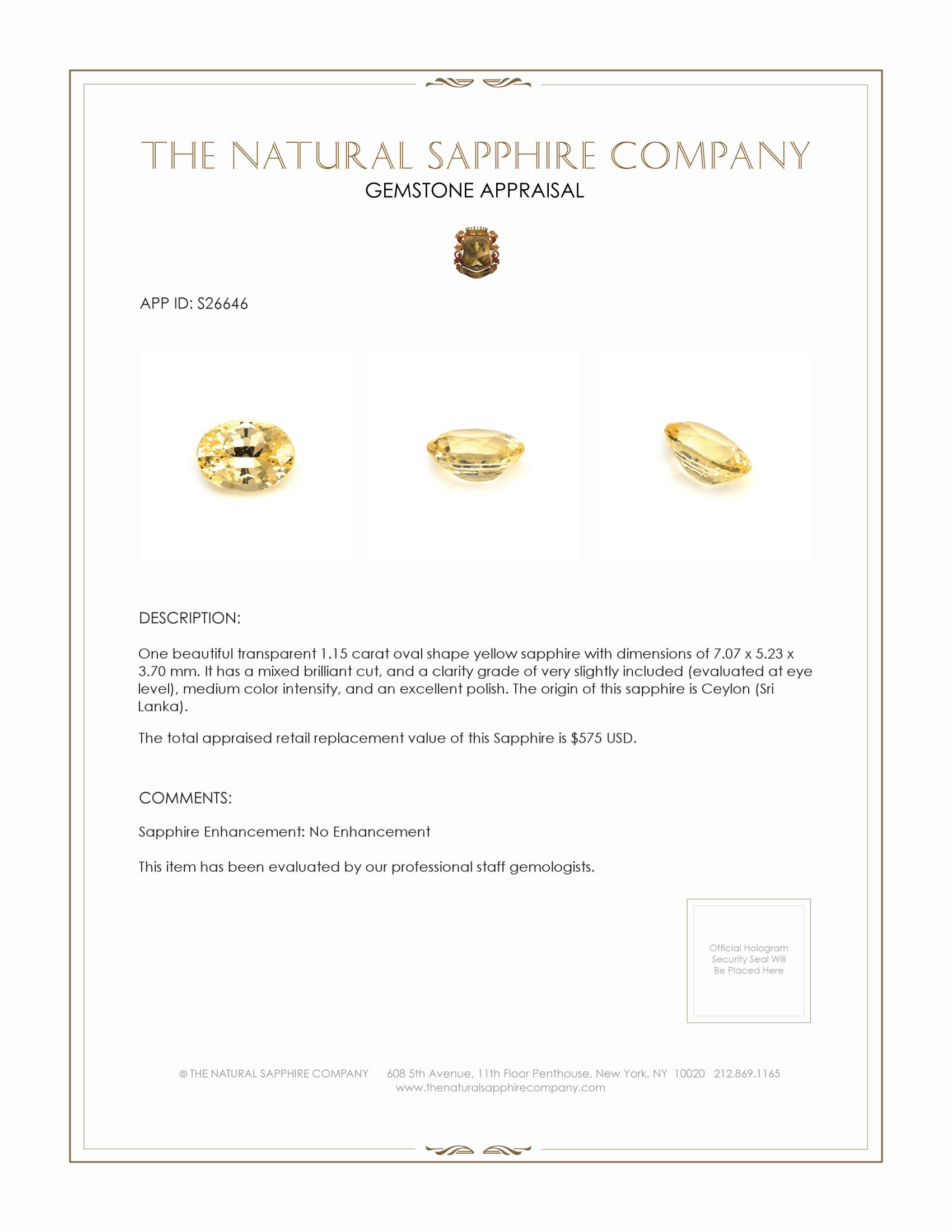 1.15 Ct. Yellow Sapphire from Ceylon (Sri Lanka)