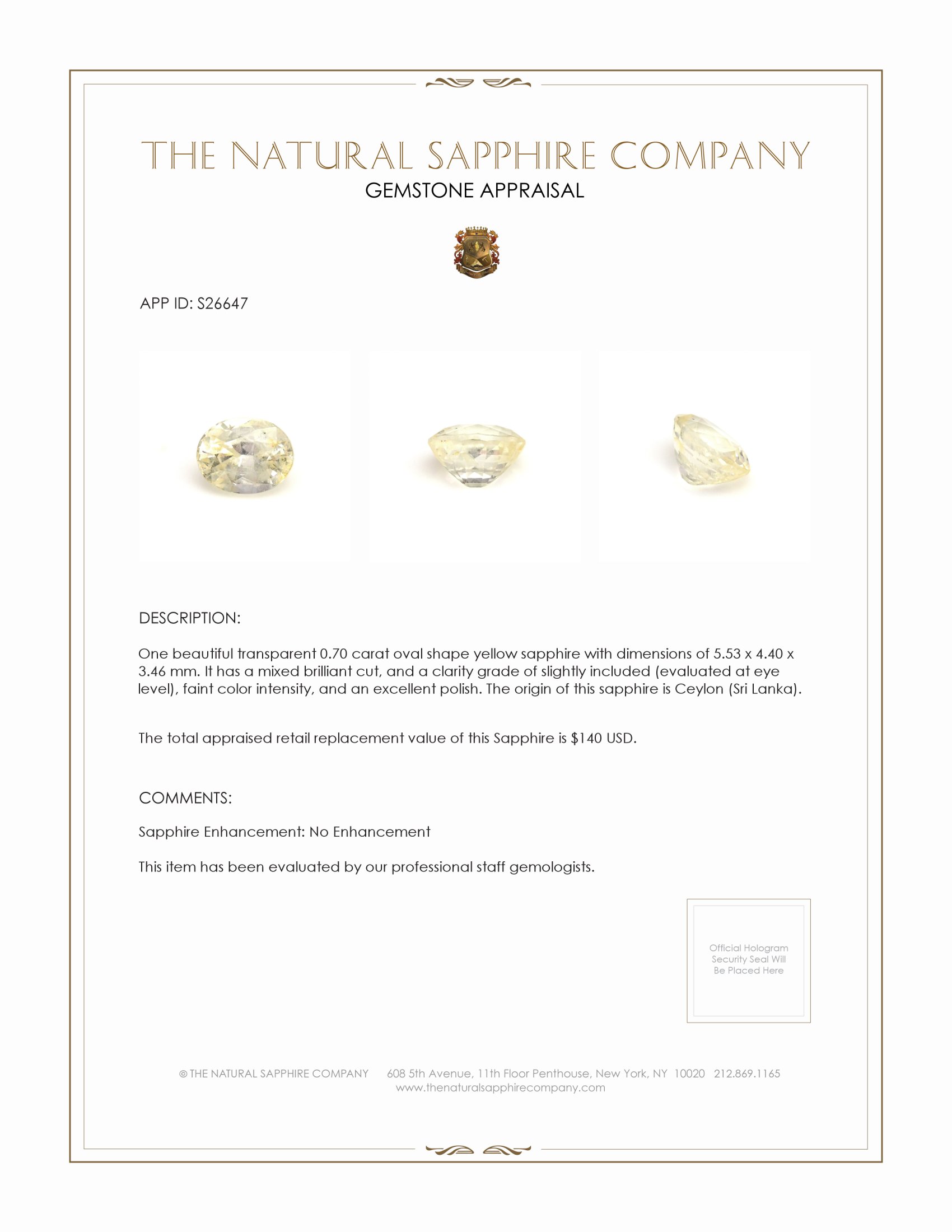 0.70 Ct. Yellow Sapphire from Ceylon (Sri Lanka)