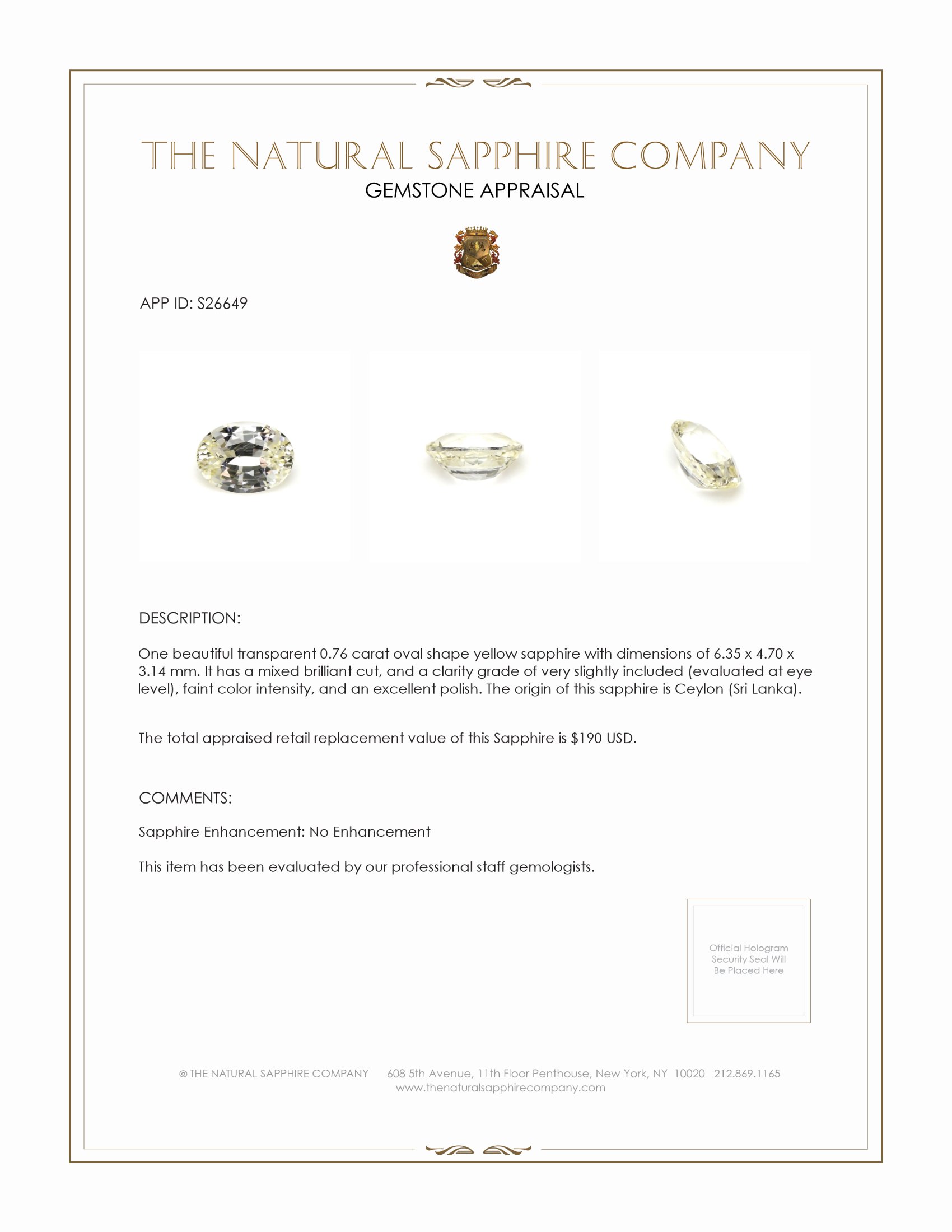0.76 Ct. Yellow Sapphire from Ceylon (Sri Lanka)