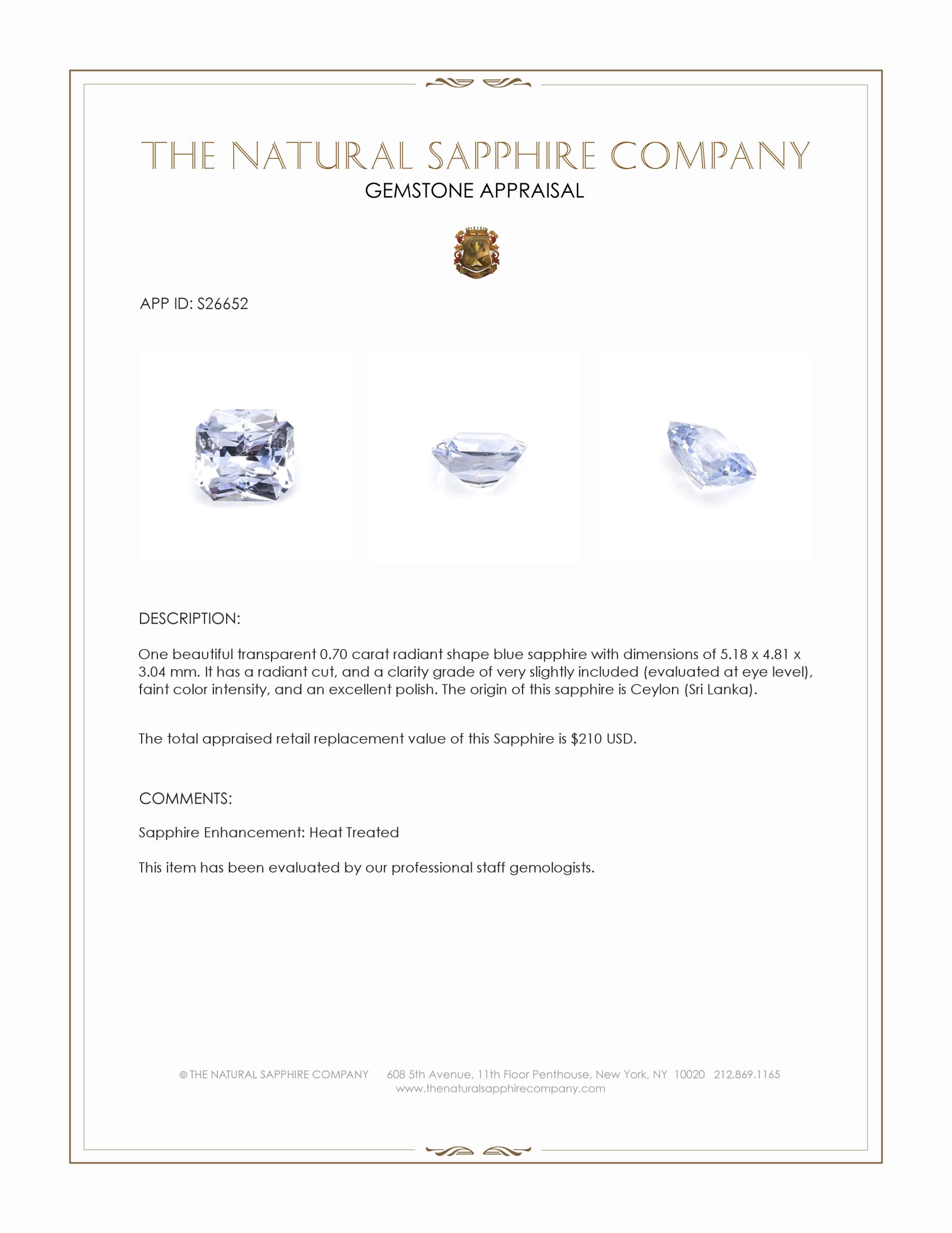 0.70 Ct. Blue Sapphire from Ceylon (Sri Lanka)