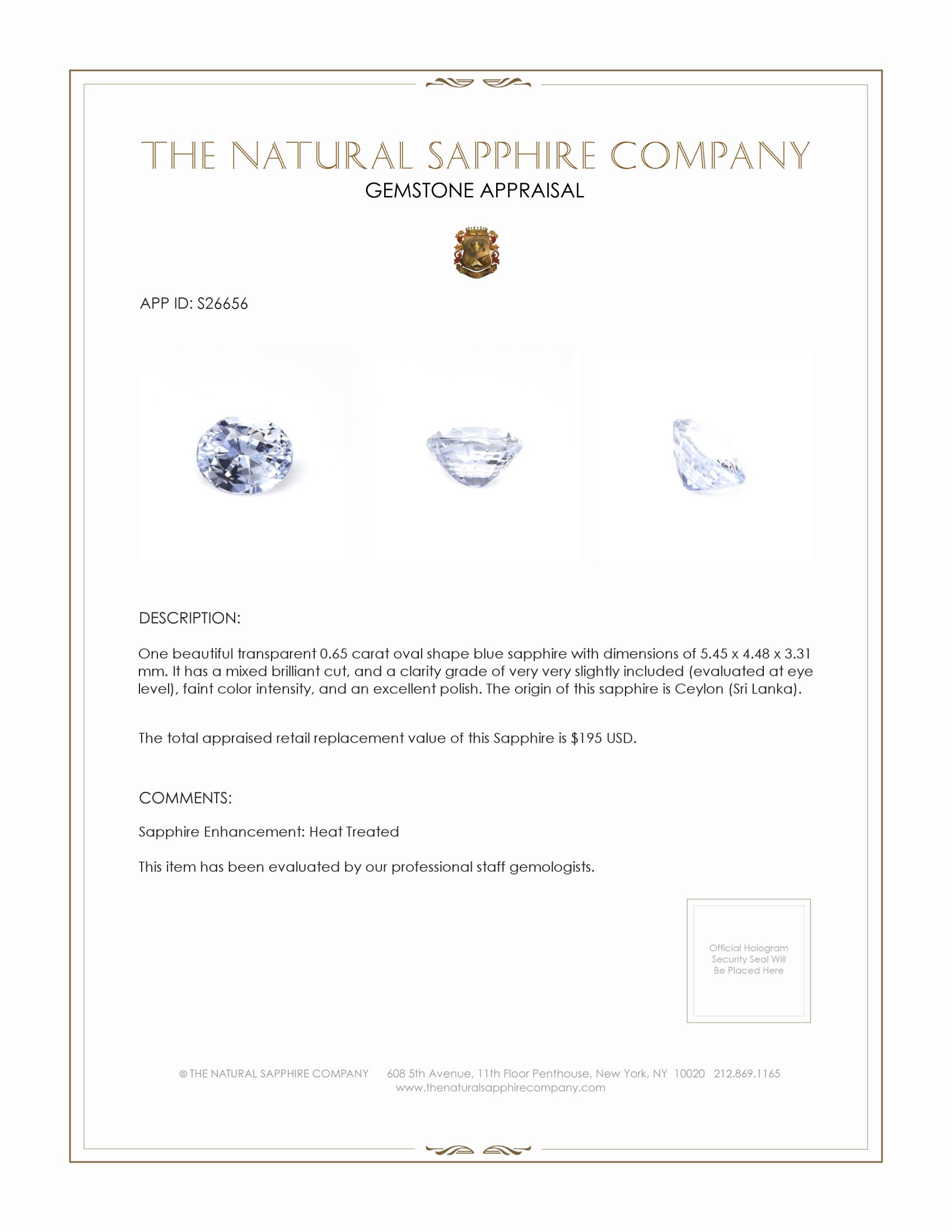 0.65 Ct. Blue Sapphire from Ceylon (Sri Lanka)