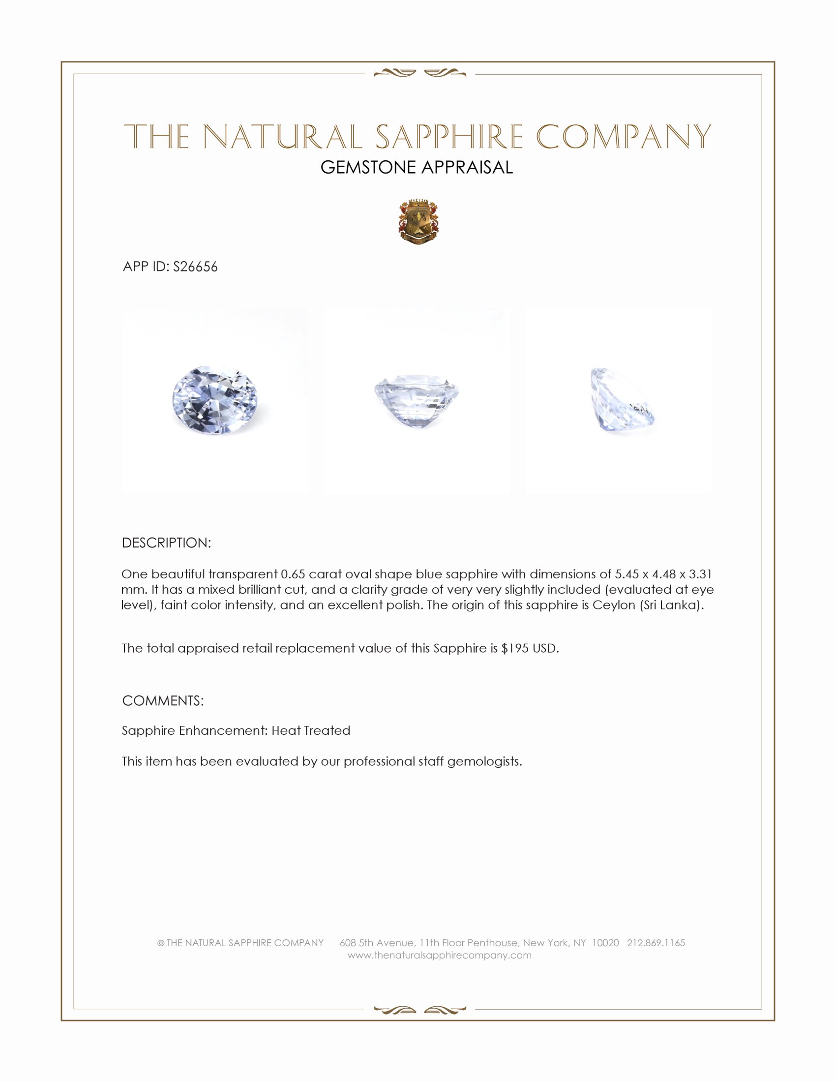 0.65 Ct. Blue Sapphire from Ceylon (Sri Lanka)