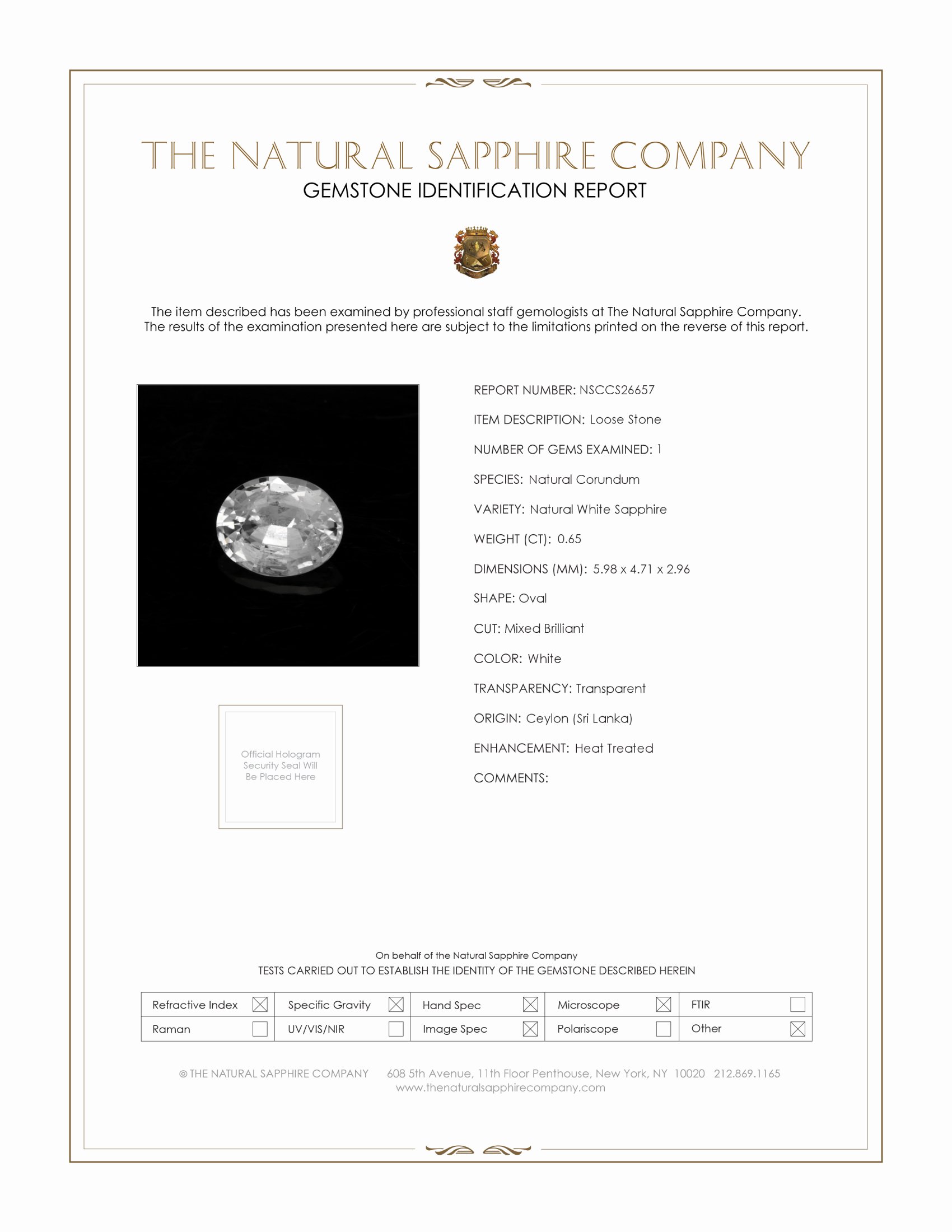 0.65 Ct. White Sapphire from Ceylon (Sri Lanka)
