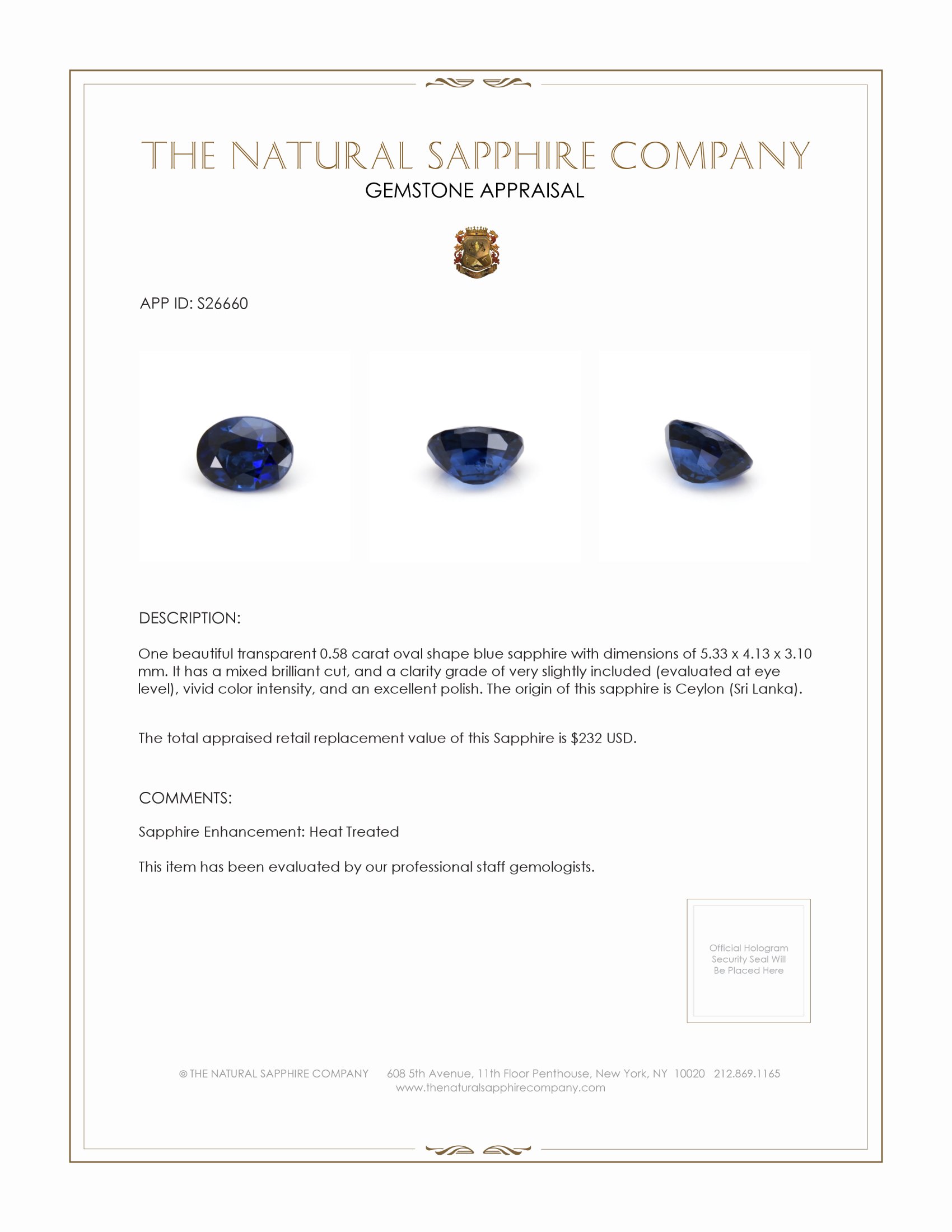 0.58 Ct. Blue Sapphire from Ceylon (Sri Lanka)