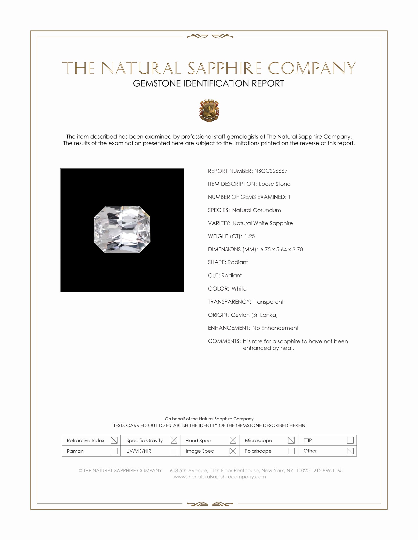 1.25 Ct. White Sapphire from Ceylon (Sri Lanka)