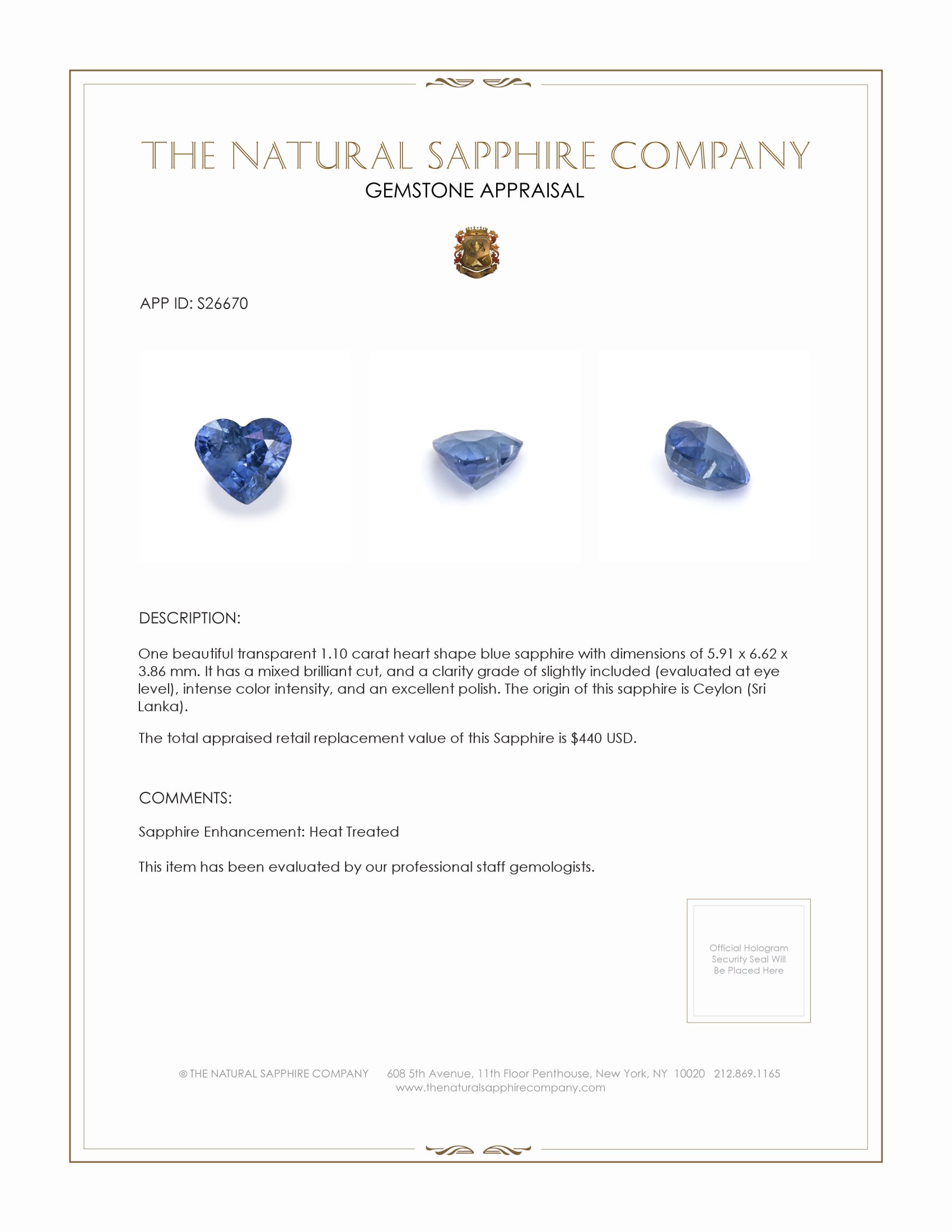 1.10 Ct. Blue Sapphire from Ceylon (Sri Lanka)