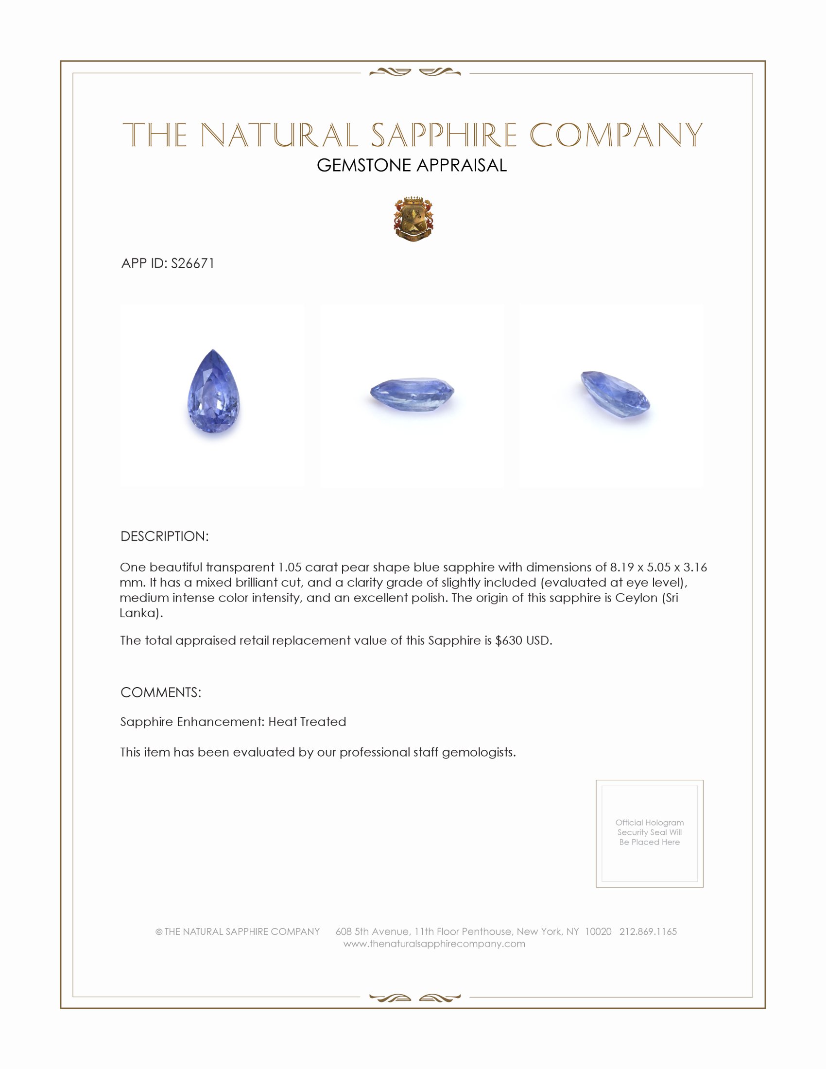 1.05 Ct. Blue Sapphire from Ceylon (Sri Lanka)