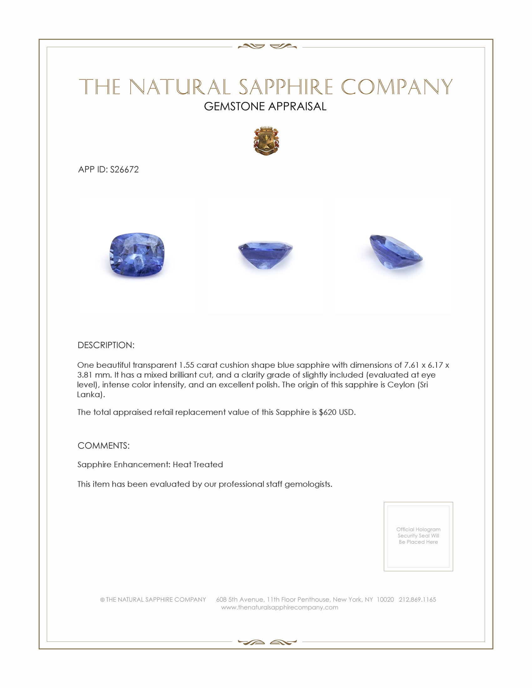 1.55 Ct. Blue Sapphire from Ceylon (Sri Lanka)