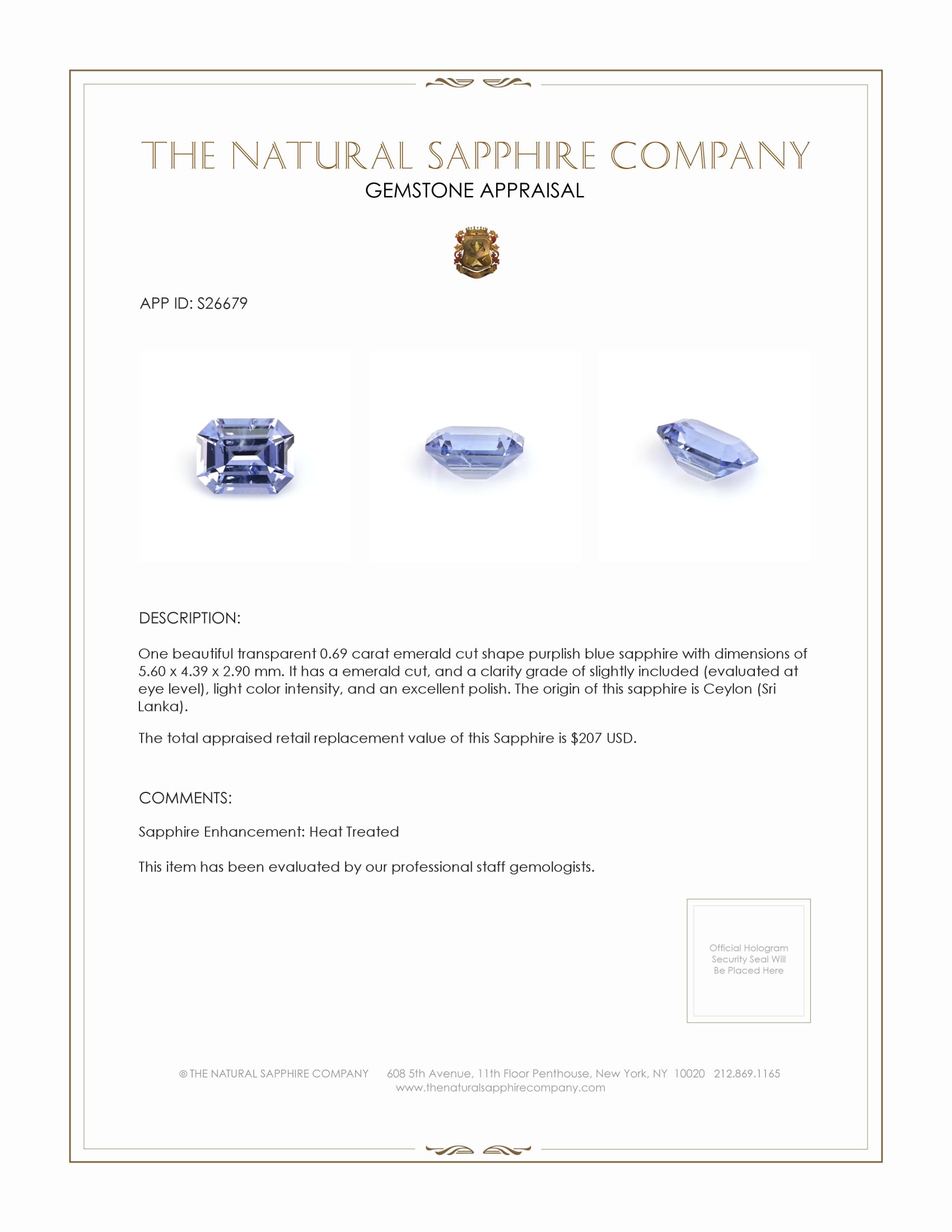 0.69 Ct. Purplish Blue Sapphire from Ceylon (Sri Lanka)