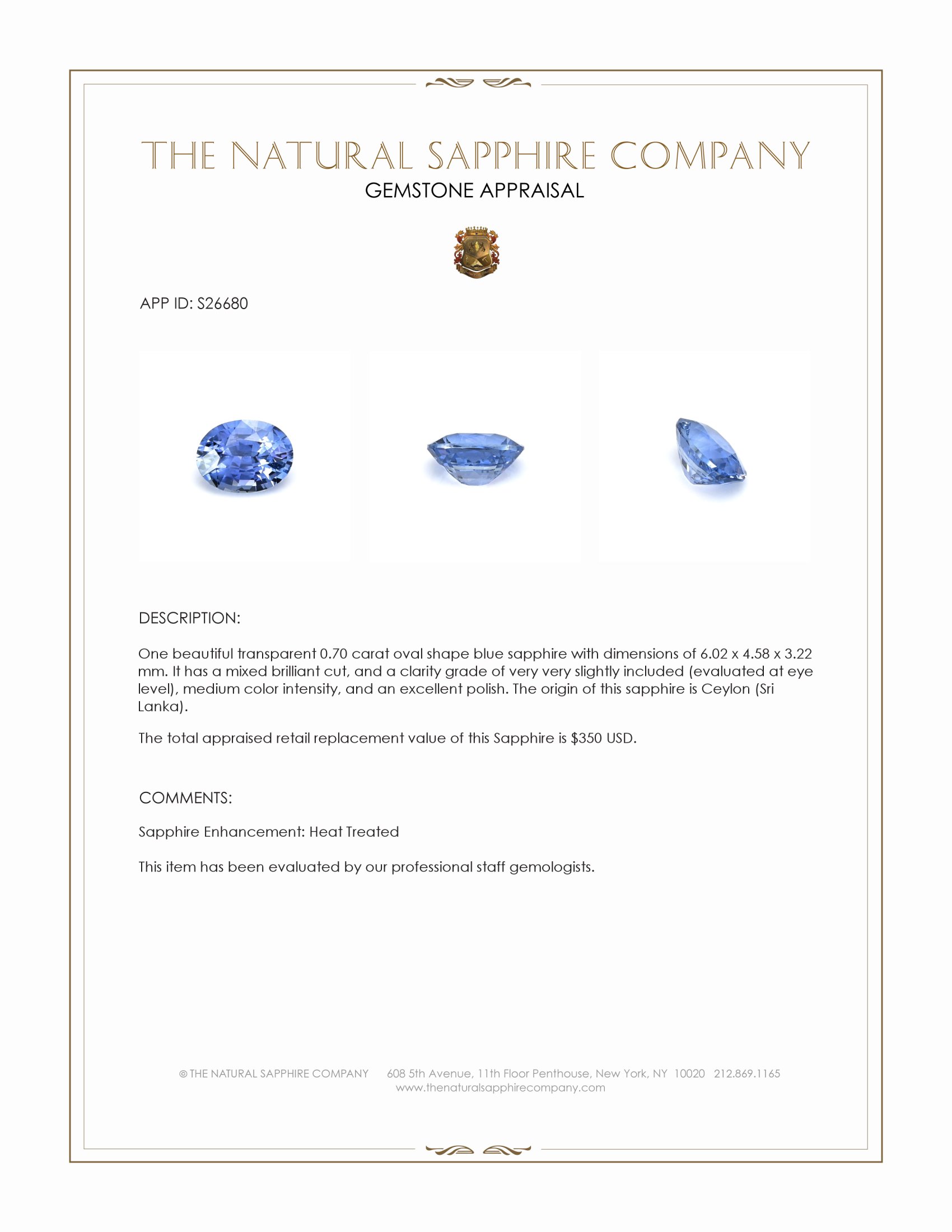 0.70 Ct. Blue Sapphire from Ceylon (Sri Lanka)