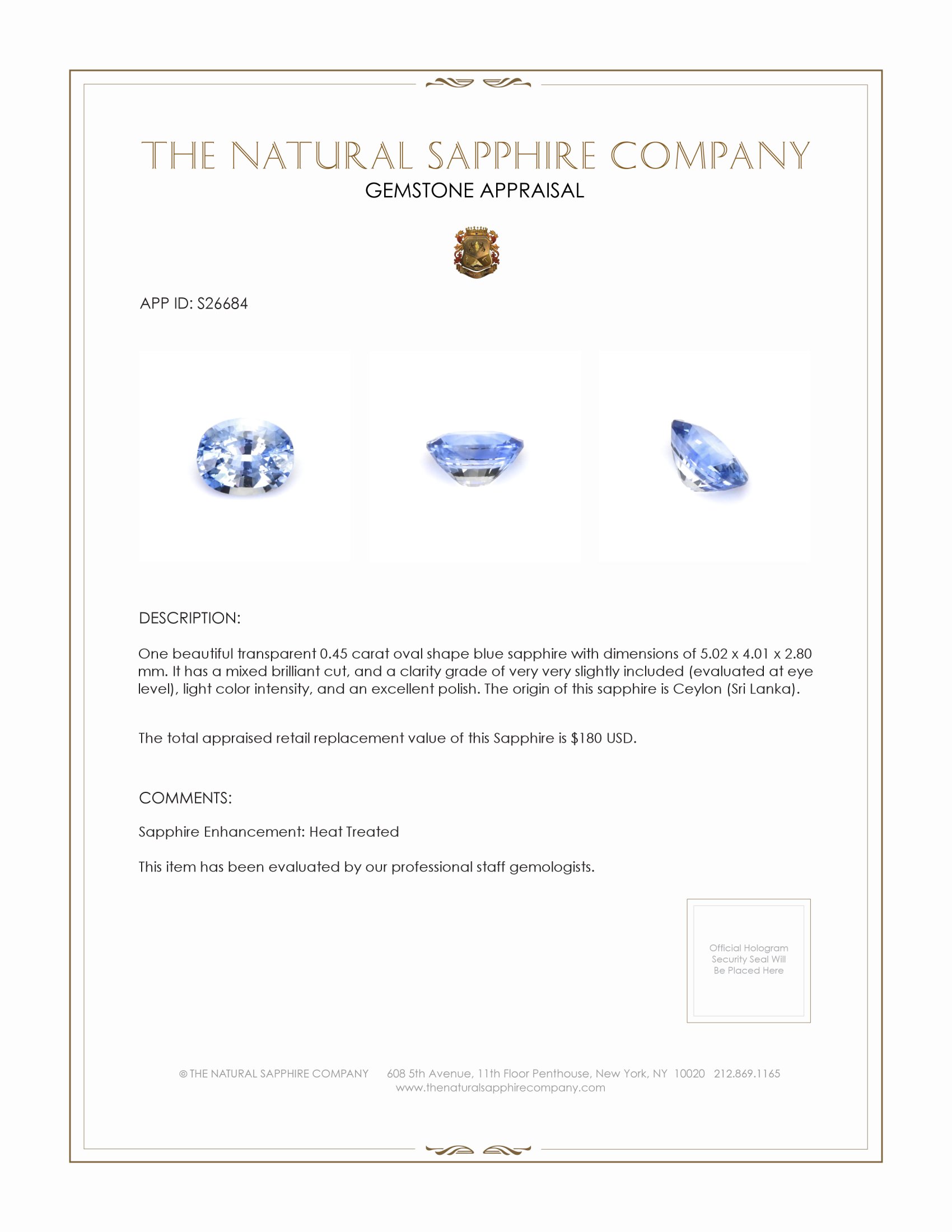 0.45 Ct. Blue Sapphire from Ceylon (Sri Lanka)