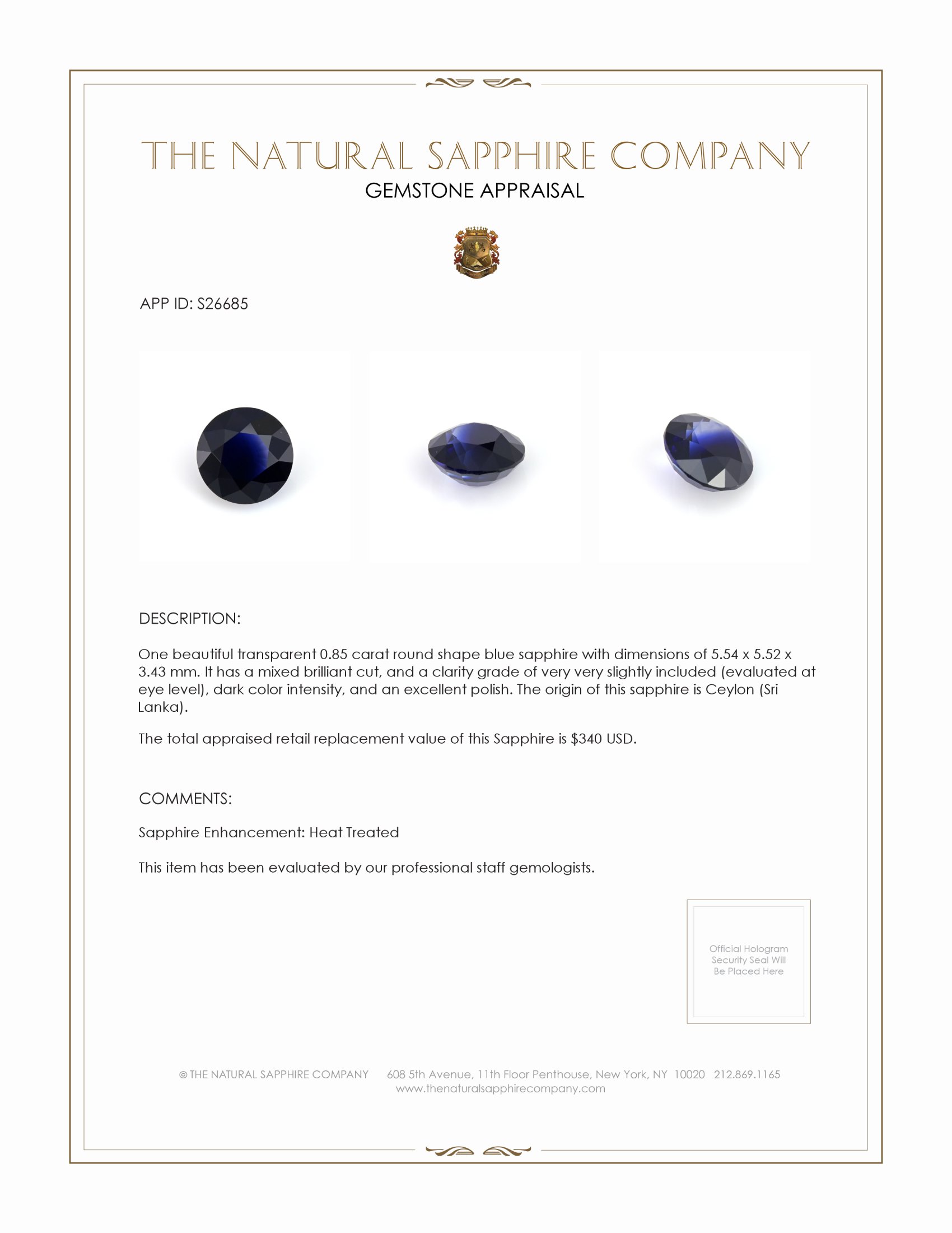 0.85 Ct. Blue Sapphire from Ceylon (Sri Lanka)