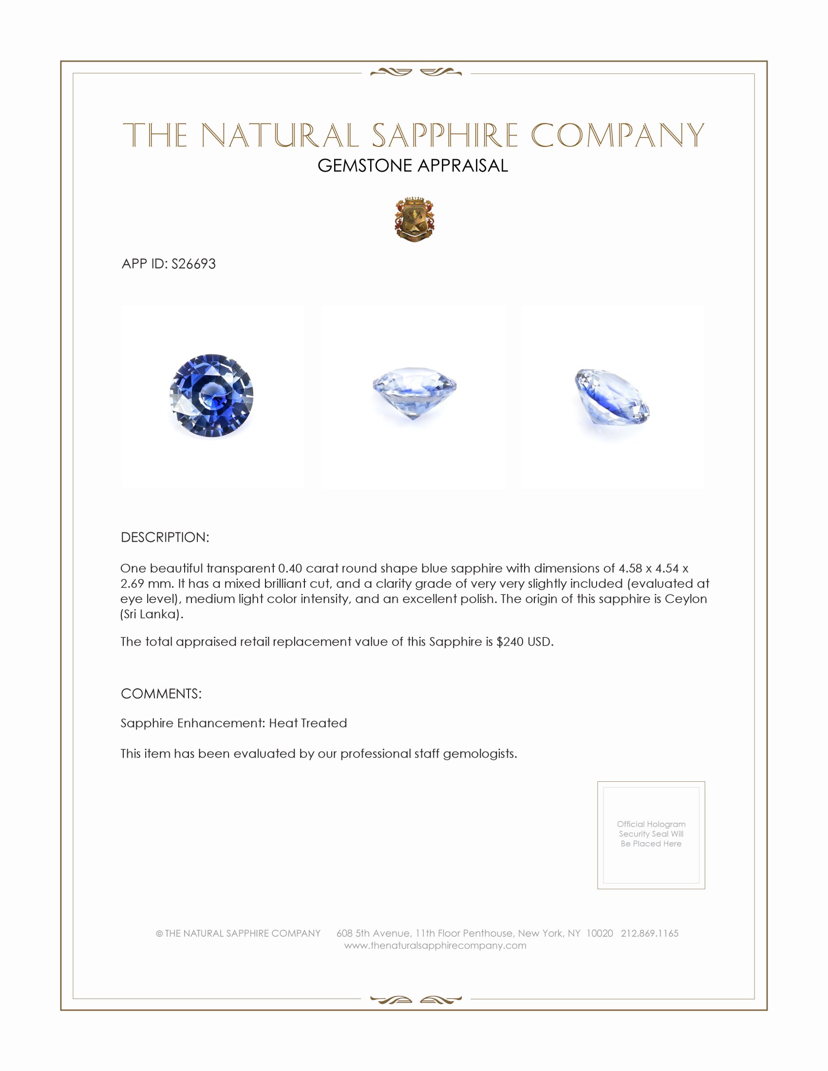 0.40 Ct. Blue Sapphire from Ceylon (Sri Lanka)
