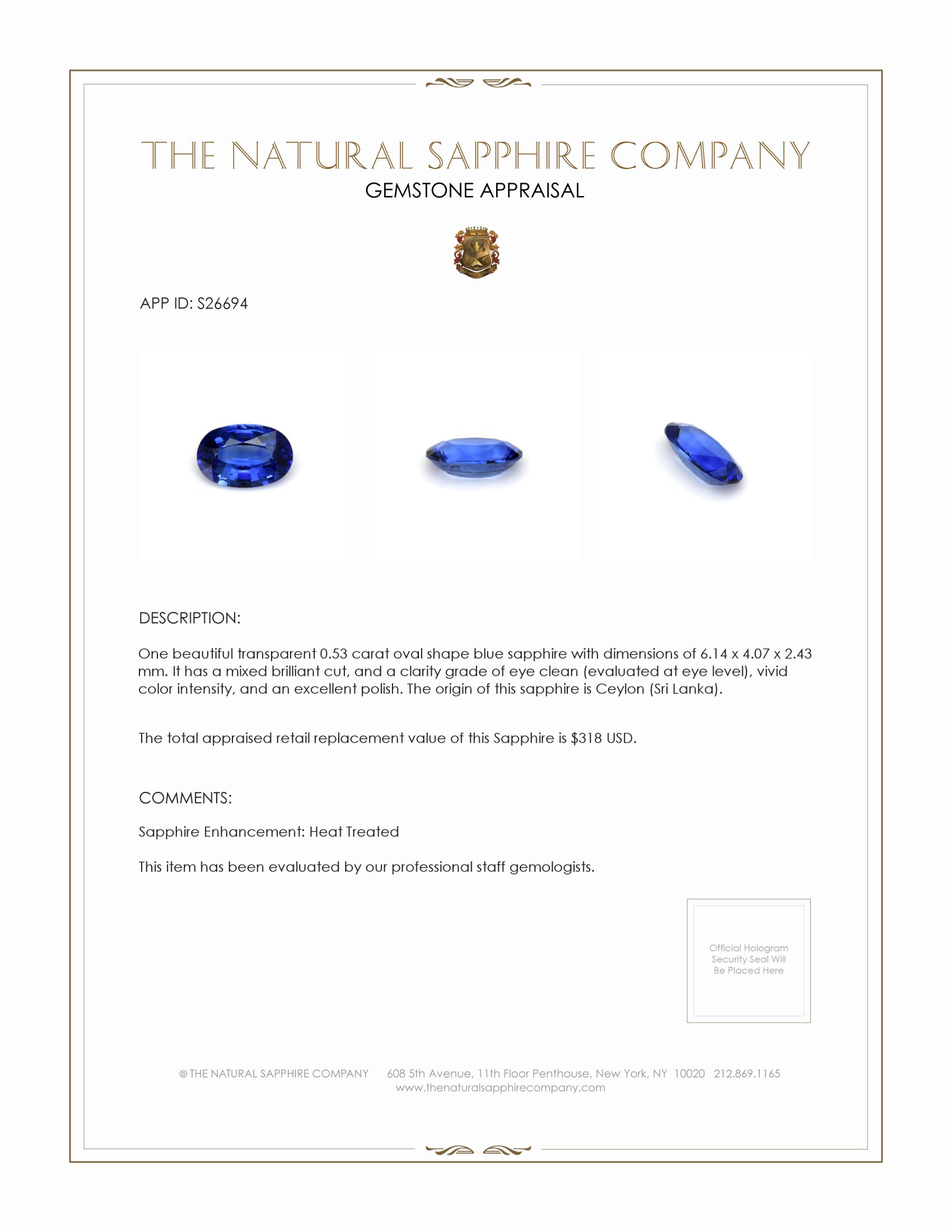 0.53 Ct. Blue Sapphire from Ceylon (Sri Lanka)