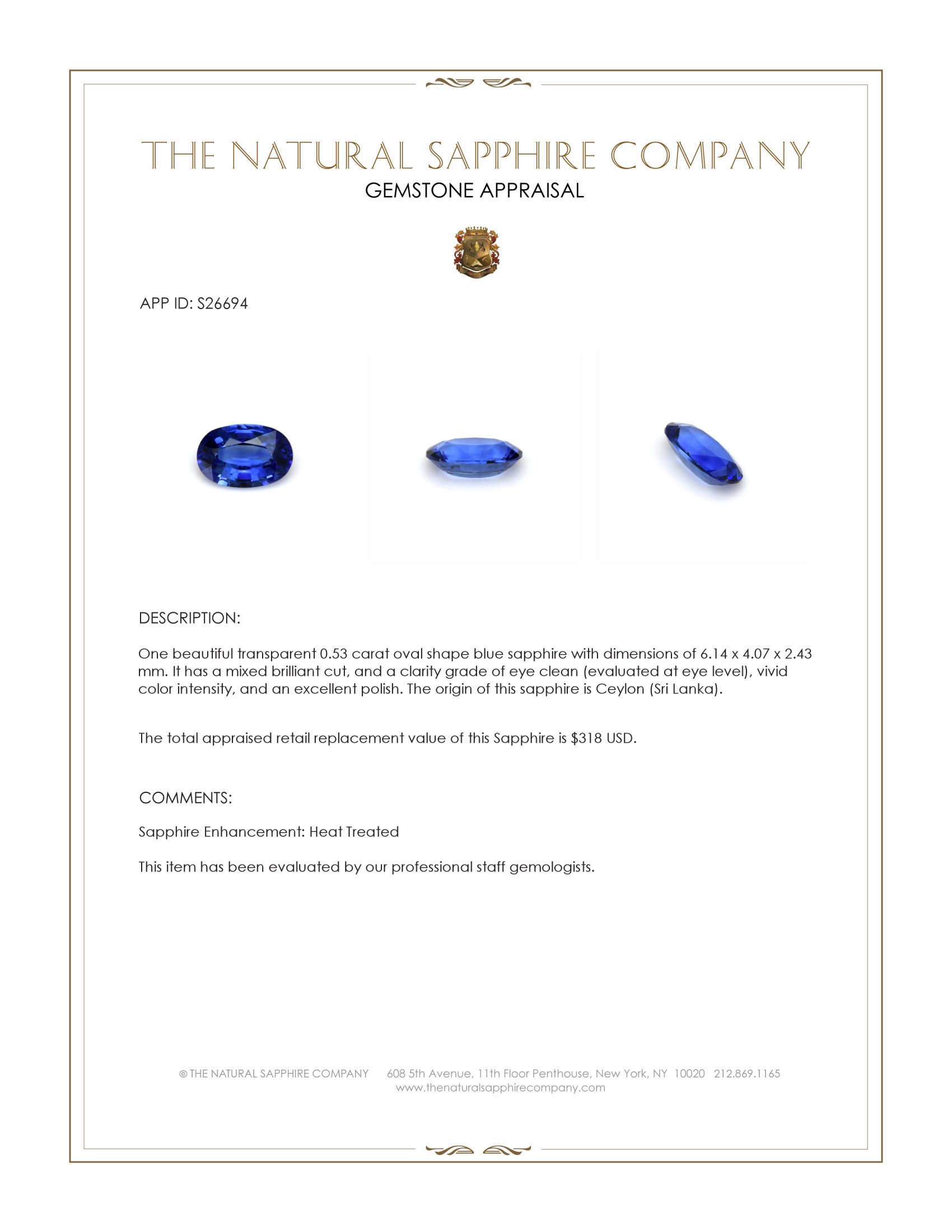 0.53 Ct. Blue Sapphire from Ceylon (Sri Lanka)