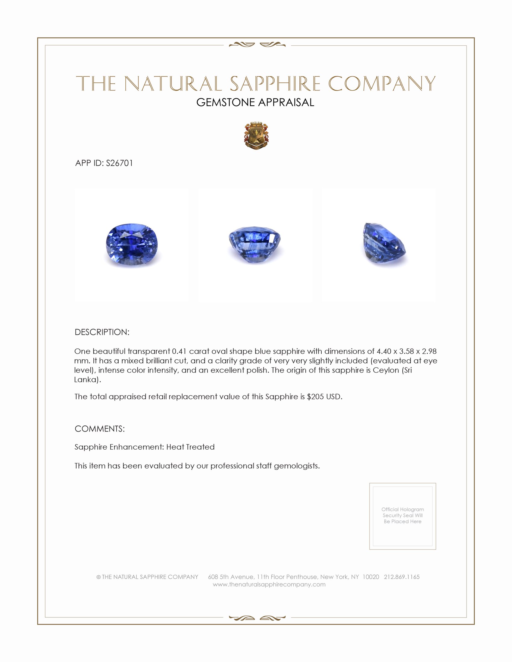 0.41 Ct. Blue Sapphire from Ceylon (Sri Lanka)