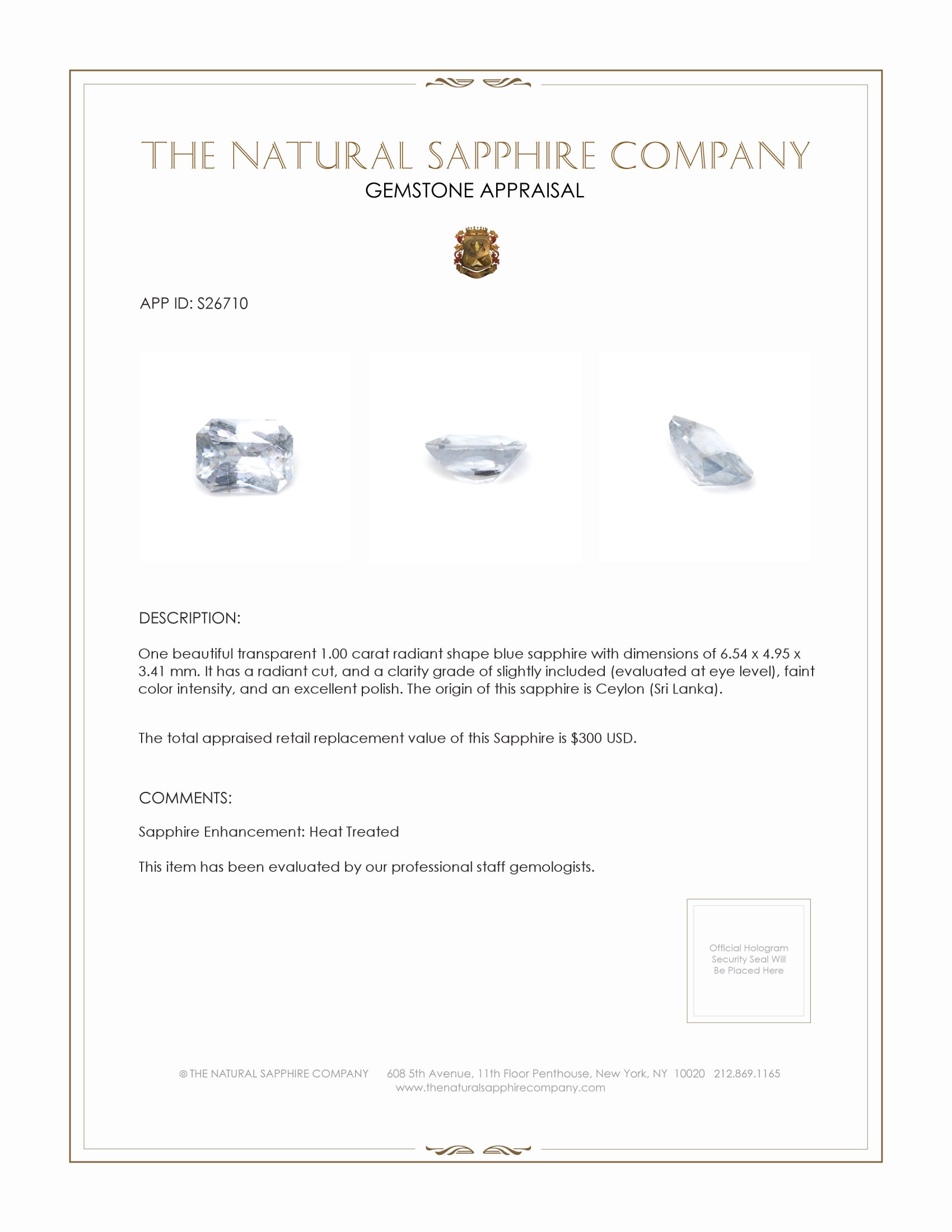 1.00 Ct. Blue Sapphire from Ceylon (Sri Lanka)