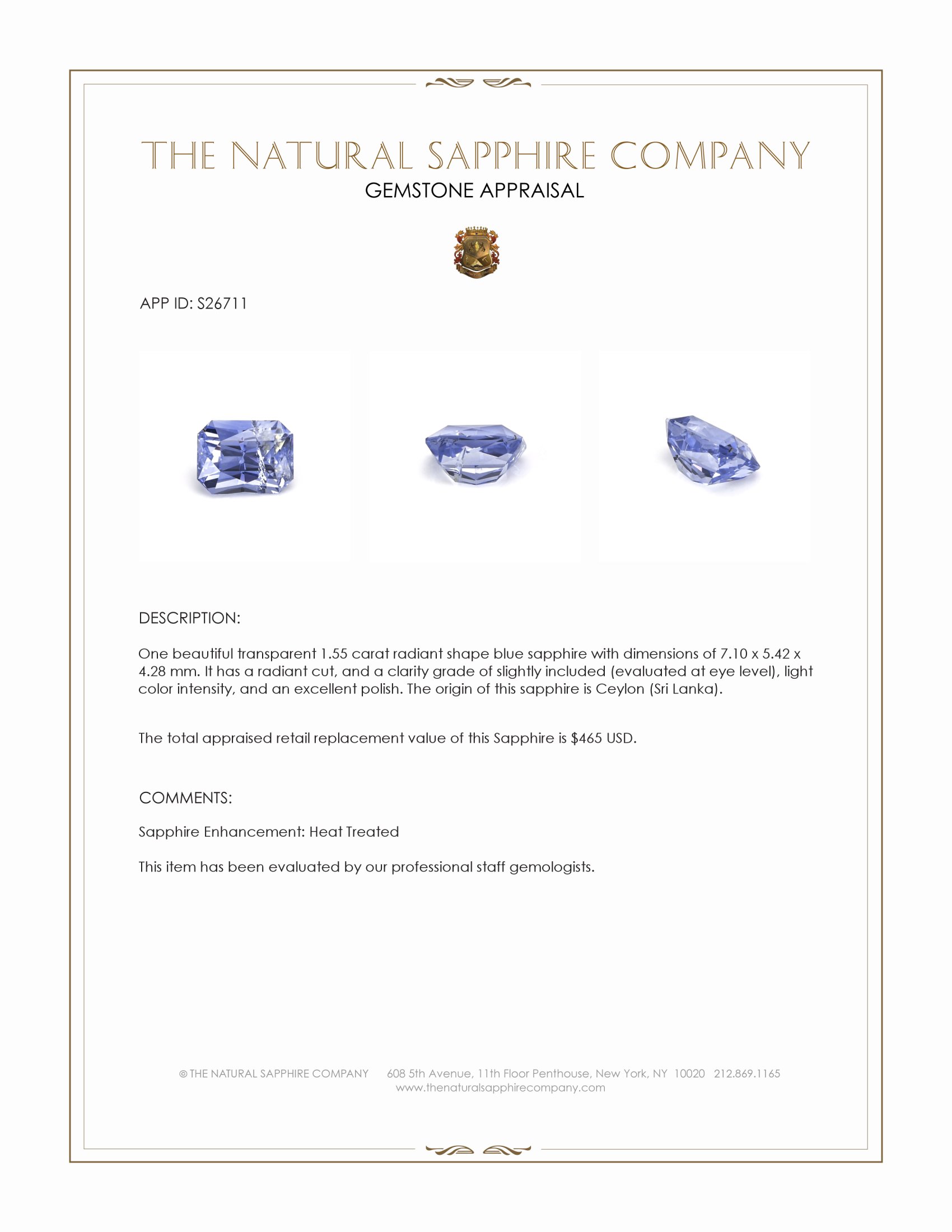 1.55 Ct. Blue Sapphire from Ceylon (Sri Lanka)