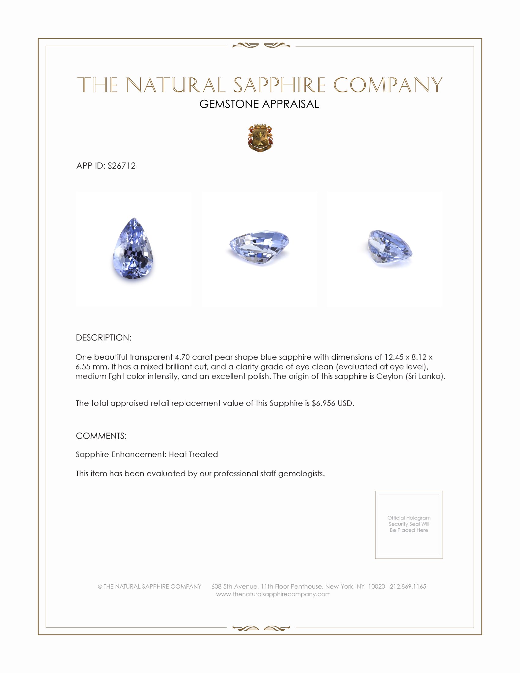 4.70 Ct. Blue Sapphire from Ceylon (Sri Lanka)