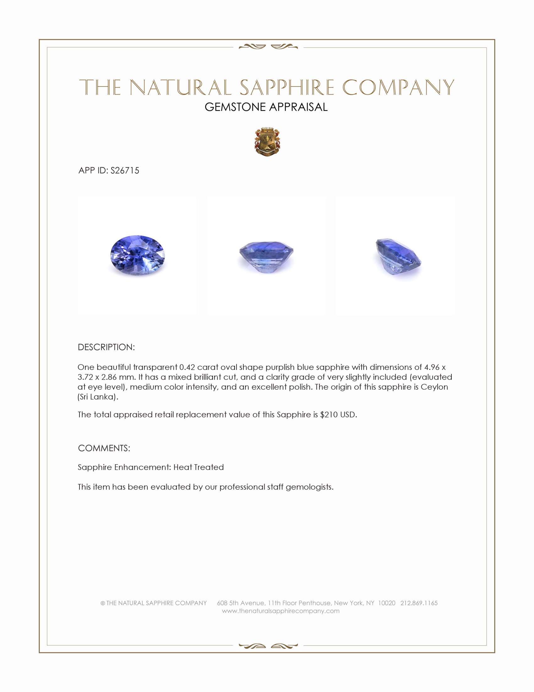 0.42 Ct. Purplish Blue Sapphire from Ceylon (Sri Lanka)