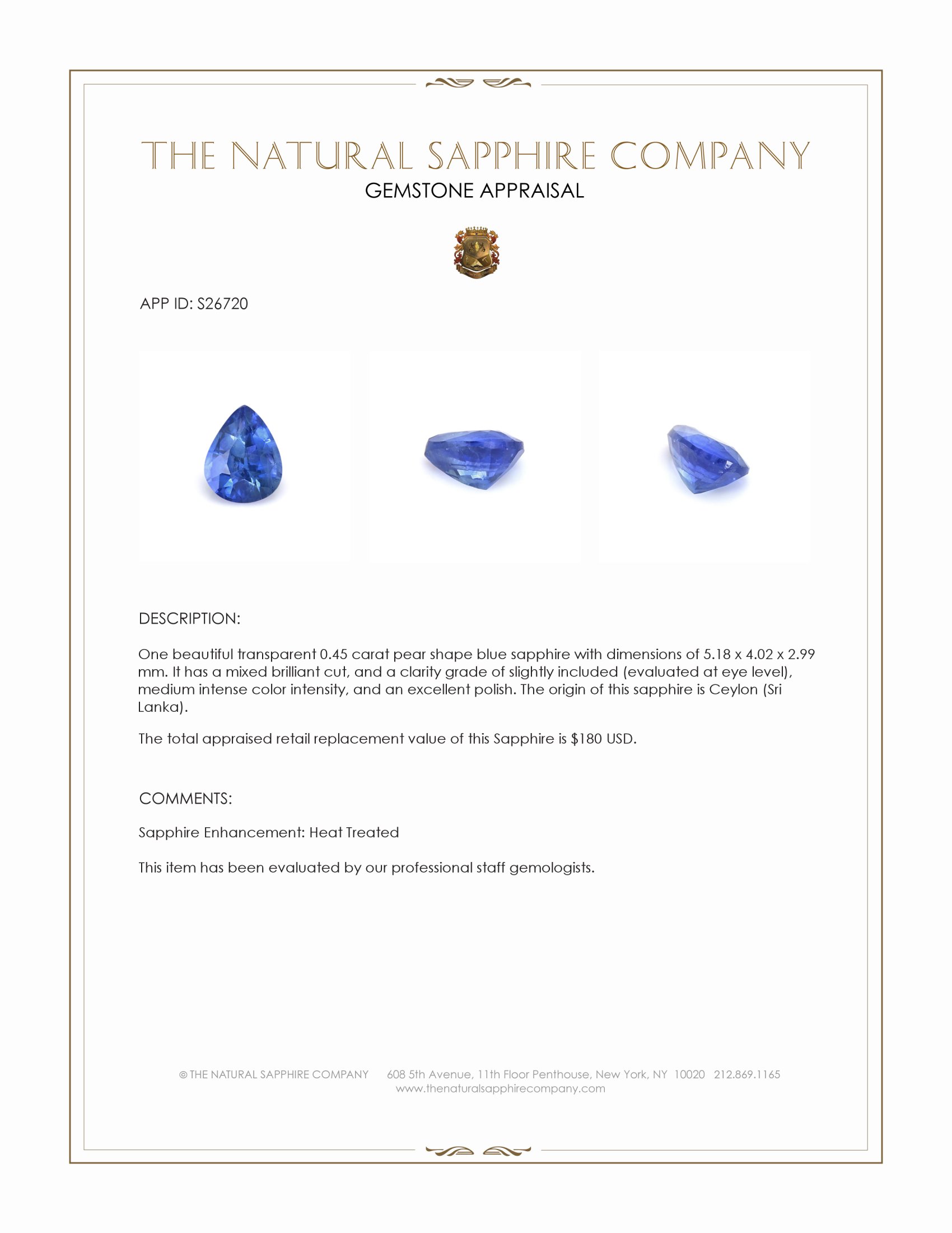 0.45 Ct. Blue Sapphire from Ceylon (Sri Lanka)