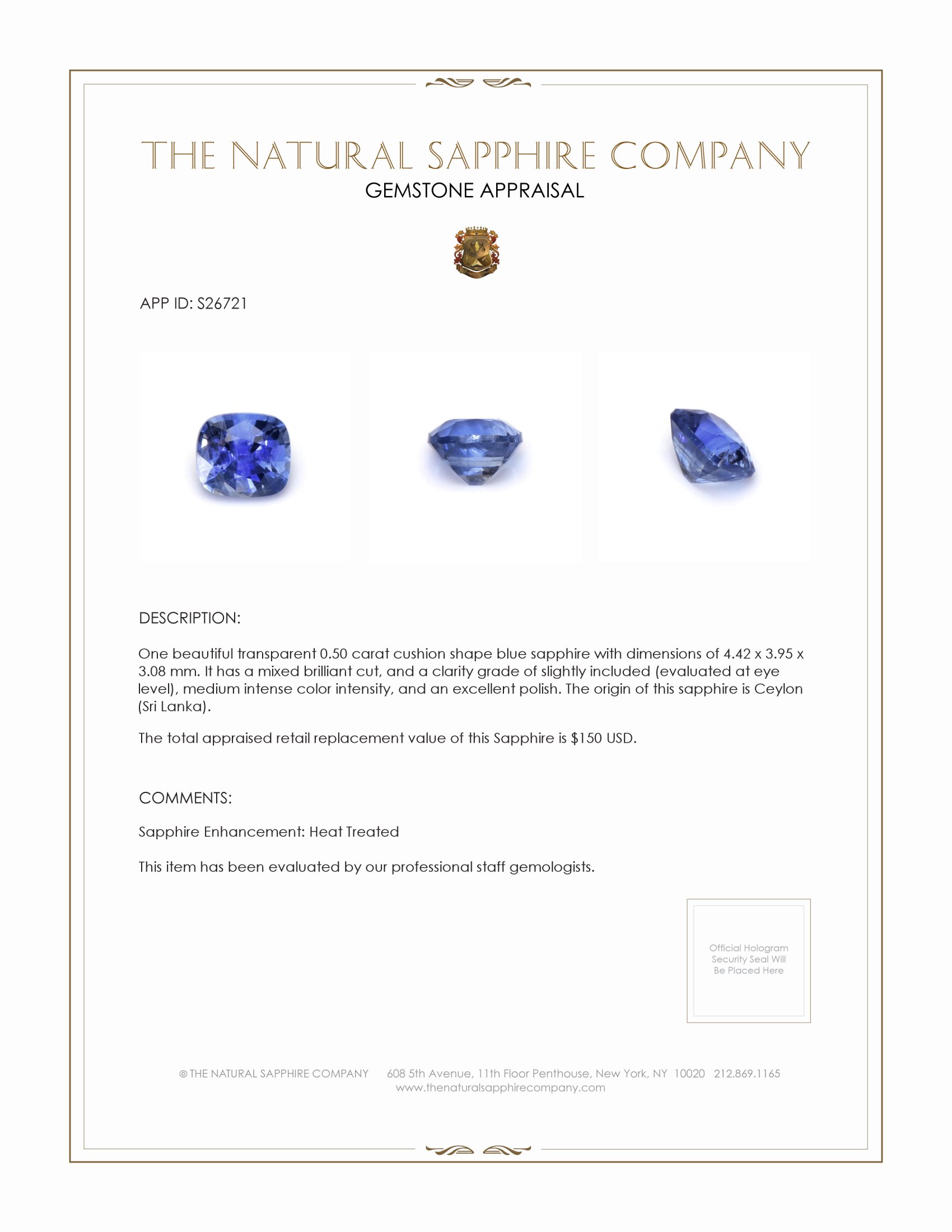 0.50 Ct. Blue Sapphire from Ceylon (Sri Lanka)
