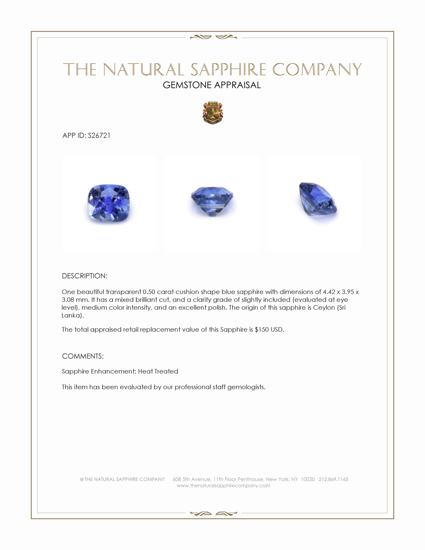 0.50 Ct. Blue Sapphire from Ceylon (Sri Lanka)