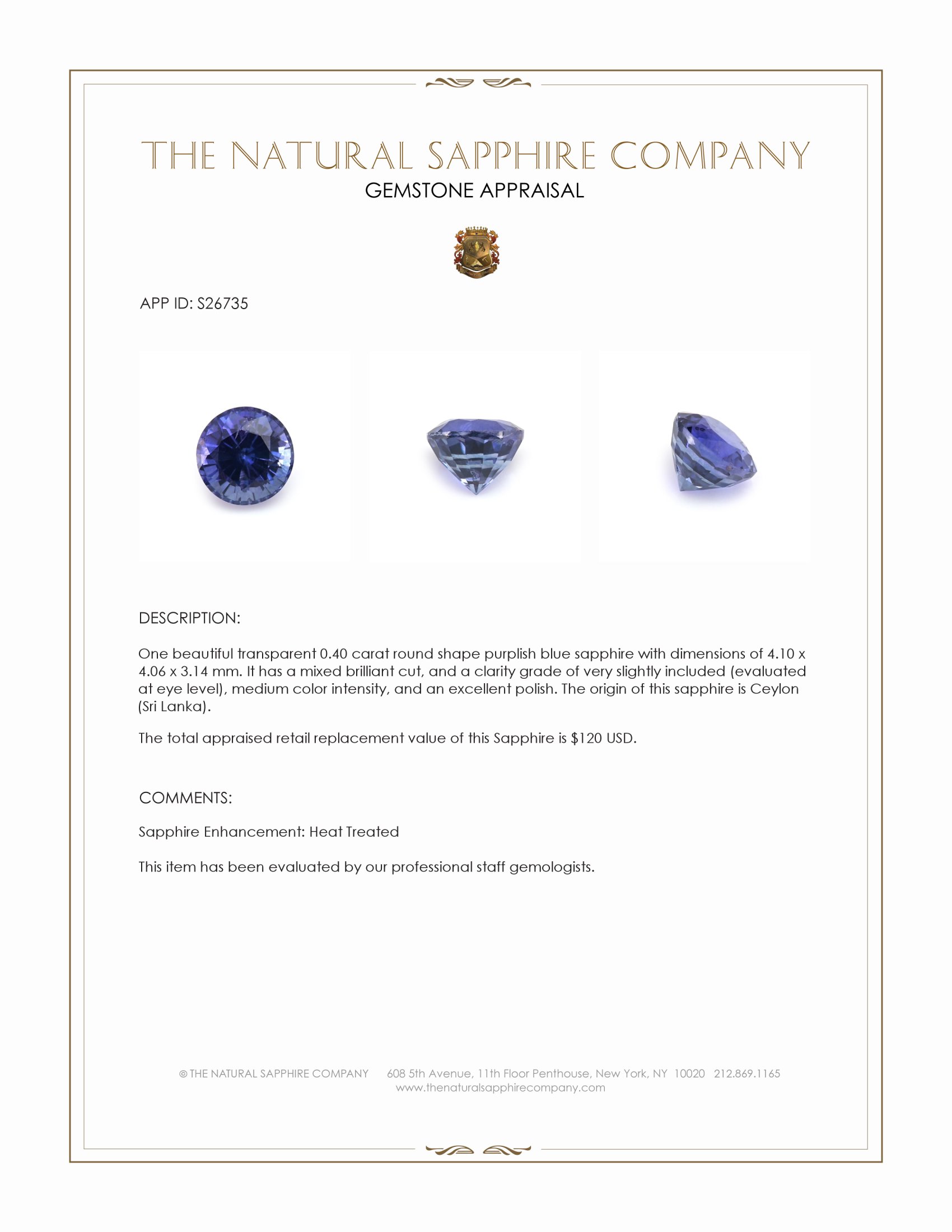 0.40 Ct. Purplish Blue Sapphire from Ceylon (Sri Lanka)