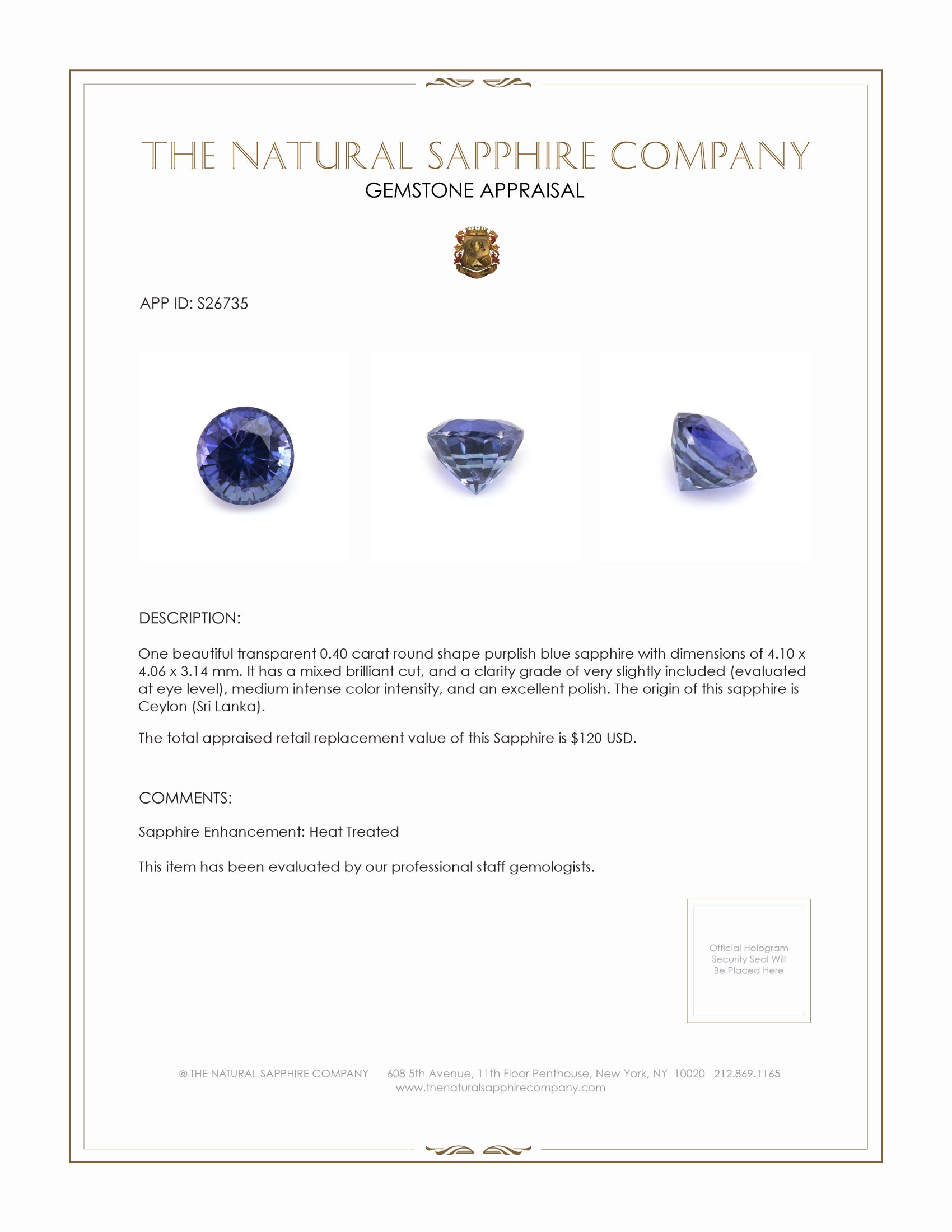 0.40 Ct. Purplish Blue Sapphire from Ceylon (Sri Lanka)
