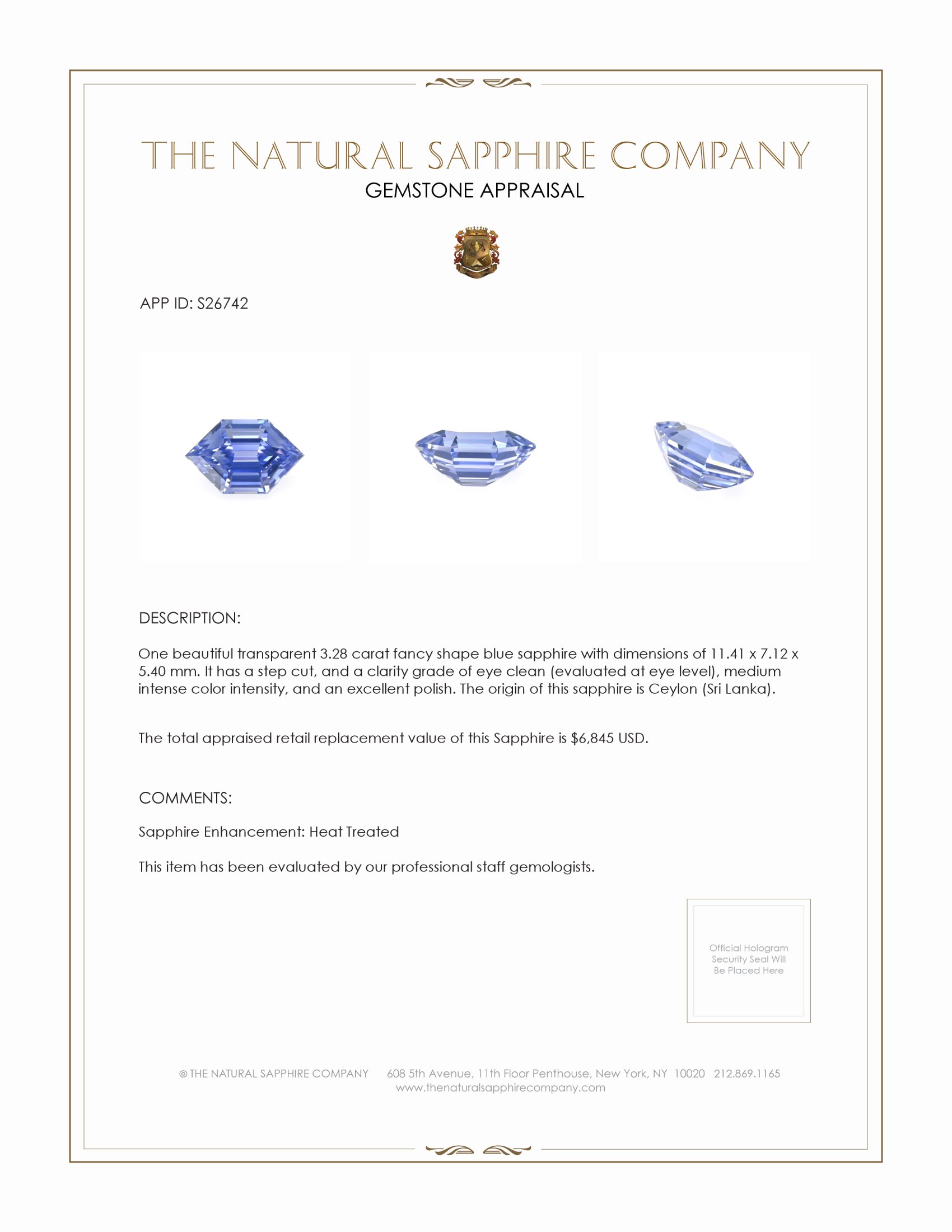 3.28 Ct. Blue Sapphire from Ceylon (Sri Lanka)