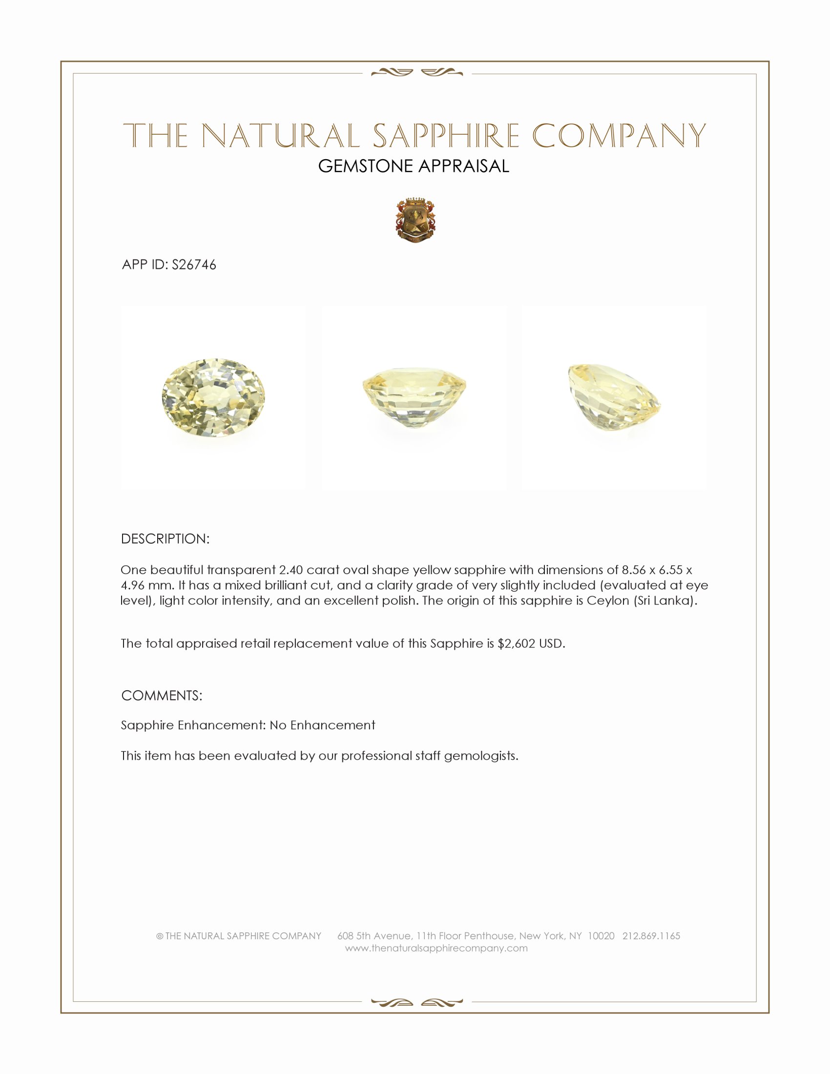 2.40 Ct. Yellow Sapphire from Ceylon (Sri Lanka)