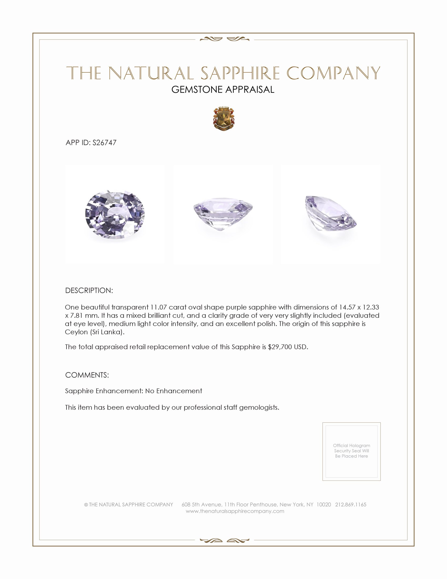 11.07 Ct. Purple Sapphire from Ceylon (Sri Lanka)