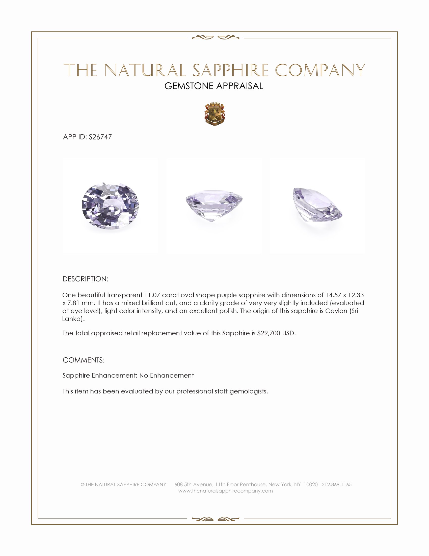 11.07 Ct. Purple Sapphire from Ceylon (Sri Lanka)