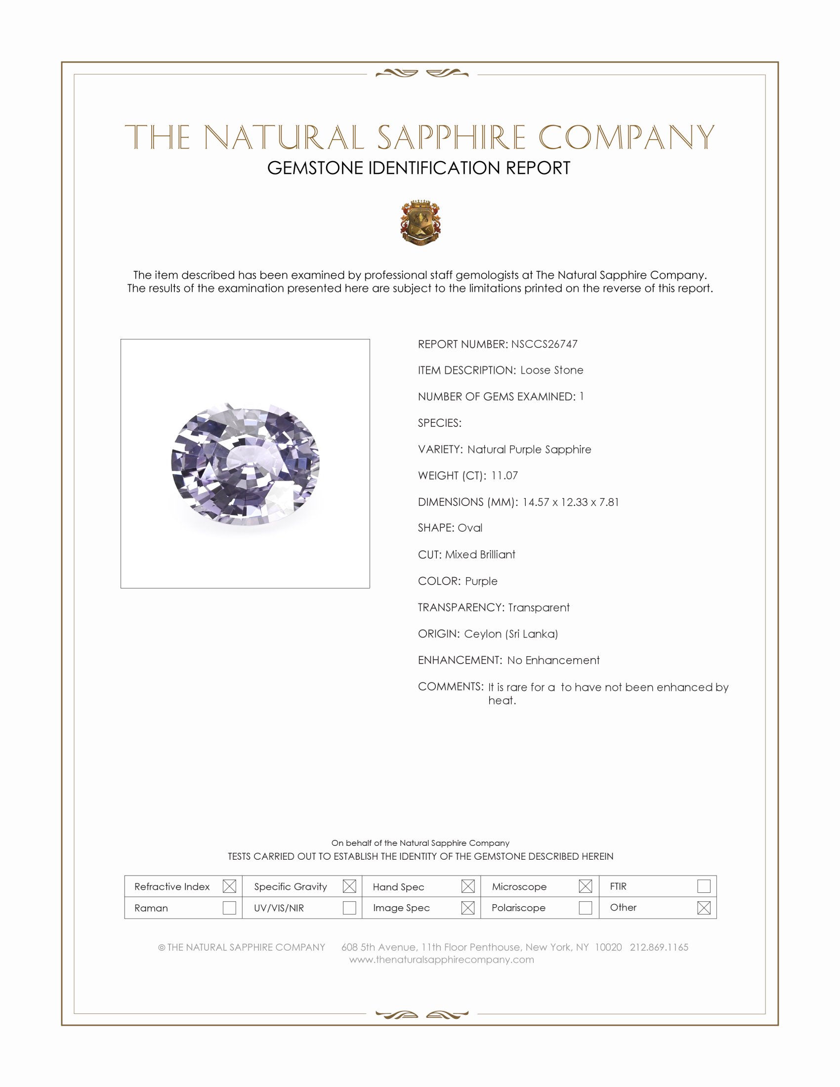 11.07 Ct. Purple Sapphire from Ceylon (Sri Lanka)