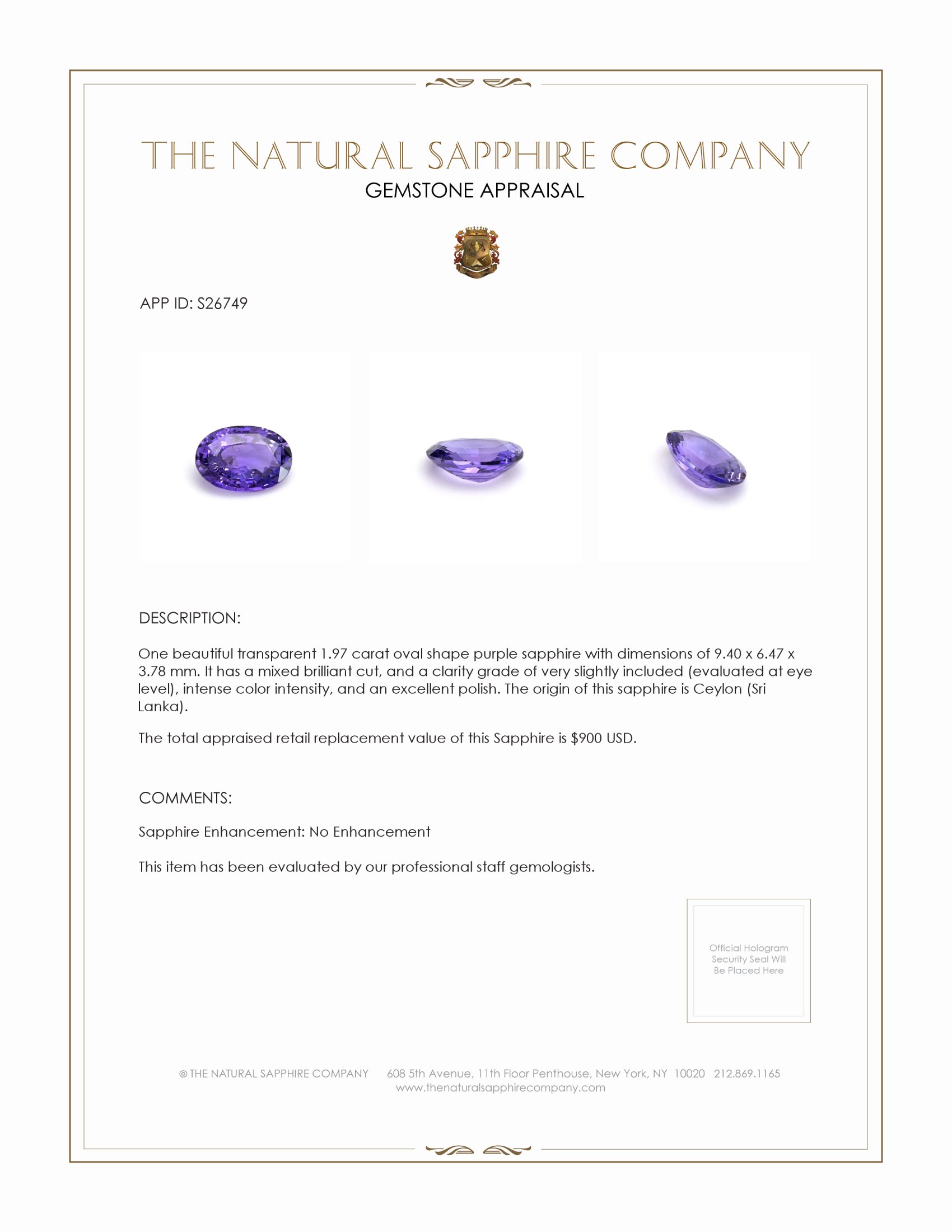 1.97 Ct. Purple Sapphire from Ceylon (Sri Lanka)