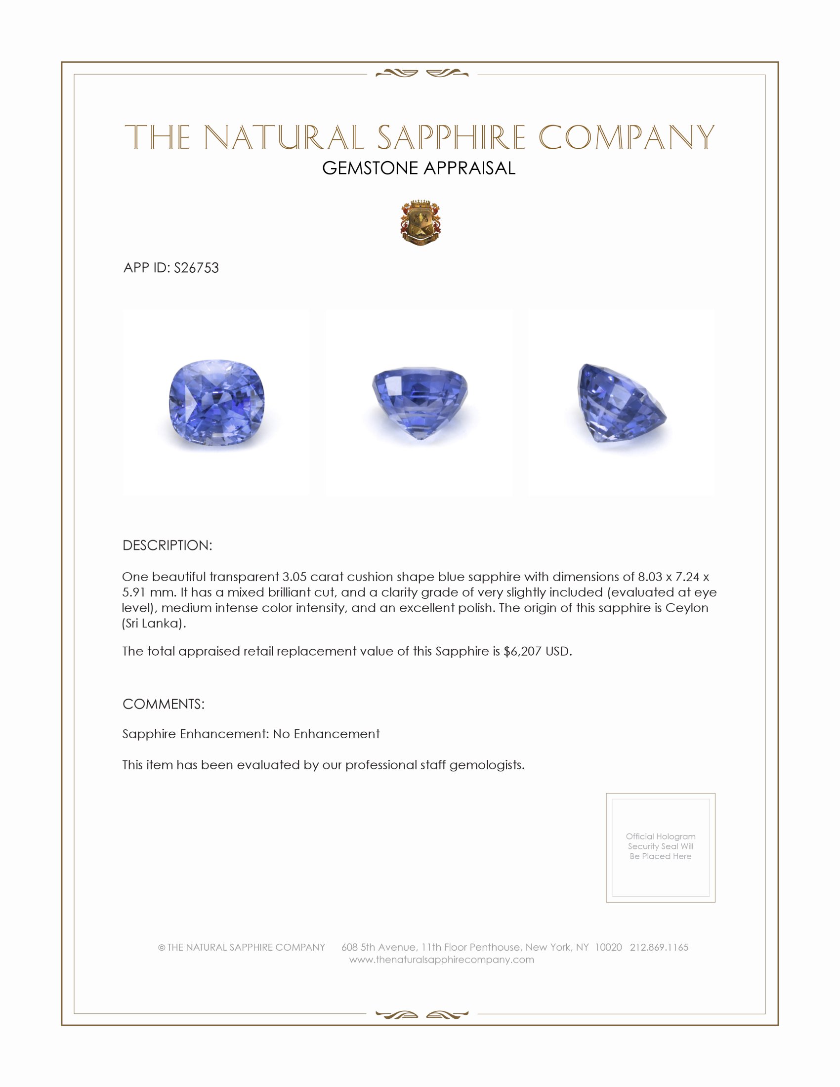 3.05 Ct. Blue Sapphire from Ceylon (Sri Lanka)